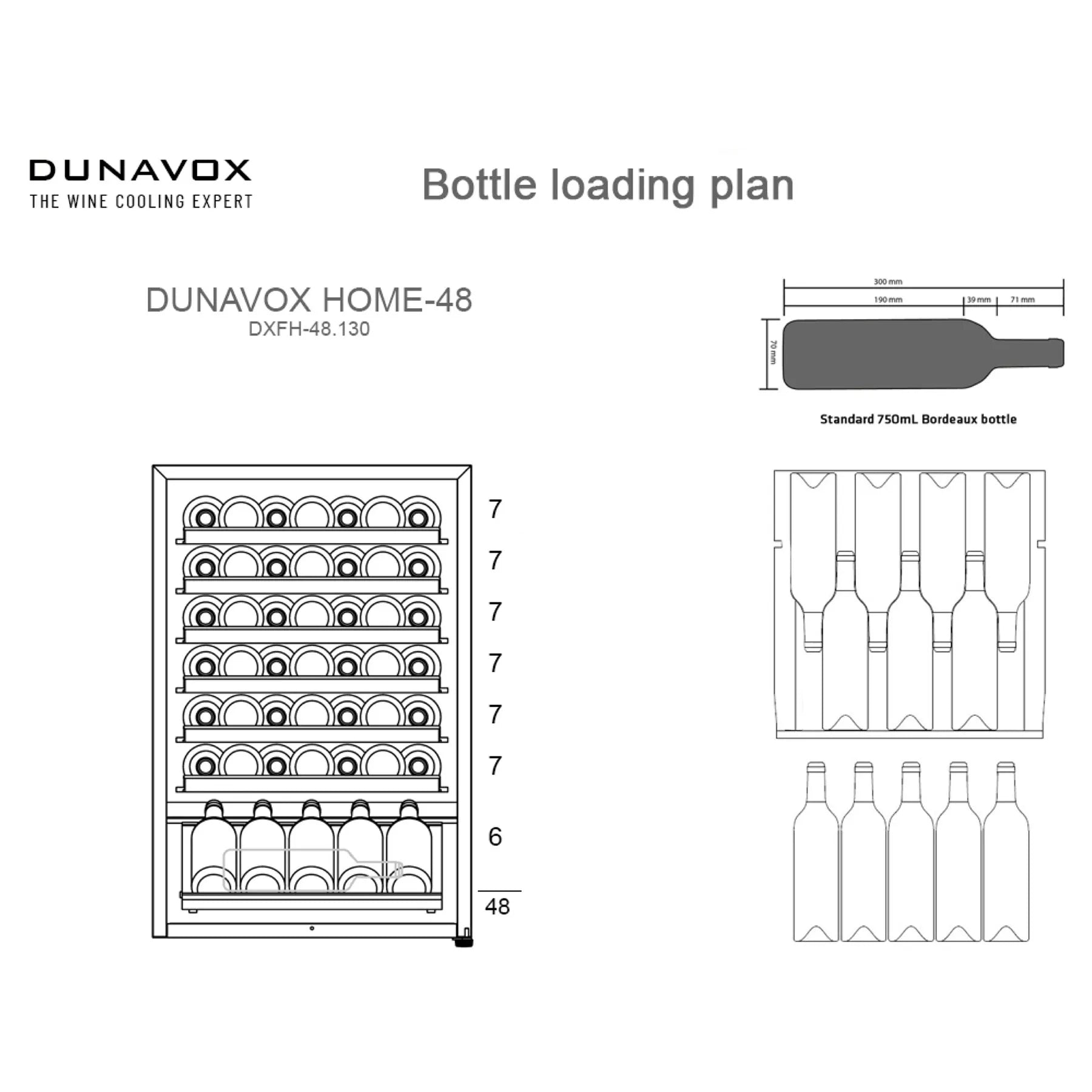 Dunavox Home-48 Beladungsplan mit Regalaufteilung für 48 Bordeaux-Flaschen in der Einzelzone, Modell DXFH-48.130