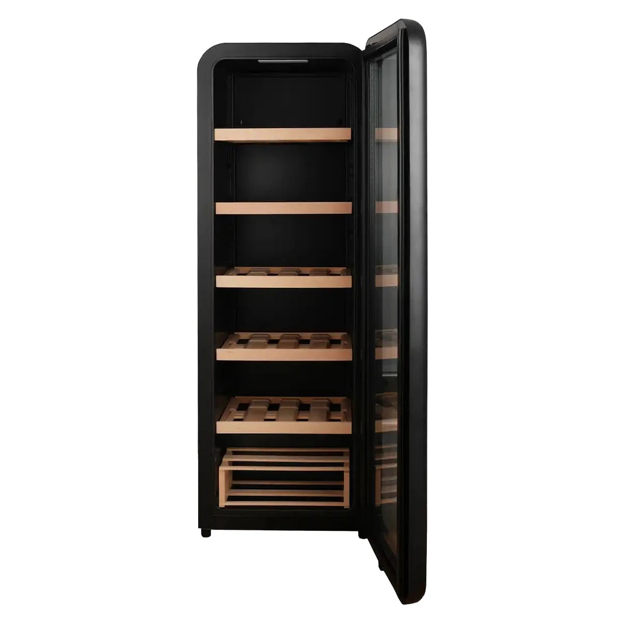 Freistehender Weinkühlschrank Cavecool Retro Basalt CC156SB mit geöffneter Glastür und leerem Innenraum