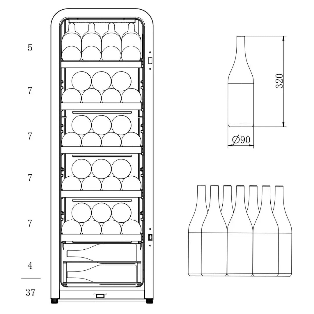 Freistehender Weinkühlschrank Cavecool Retro Basalt CC156SB Beladungsschema mit 37 Flaschen mit 90 mm Durchmesser