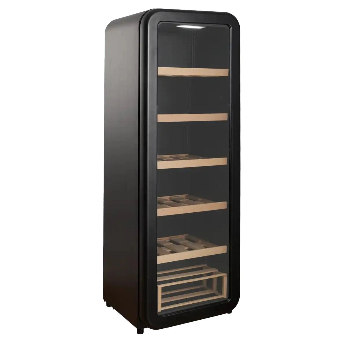 Freistehender Weinkühlschrank Cavecool Retro Basalt CC156SB Ansicht von schräg vorne mit geschlossener Glastür und waagerechten Regalböden