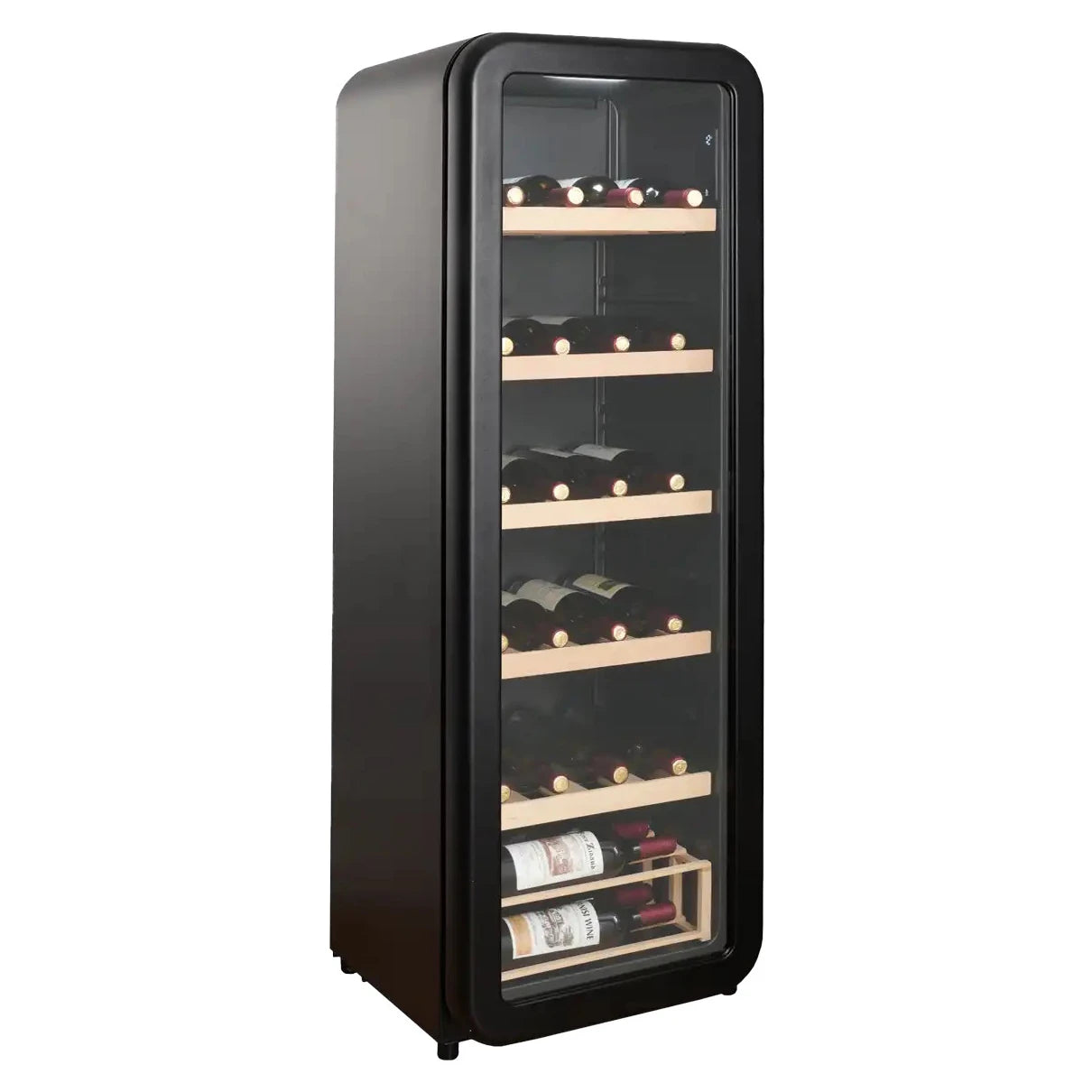 Freistehender Weinkühlschrank Cavecool Retro Basalt CC156SB Ansicht von schräg vorne mit gefülltem Innenraum