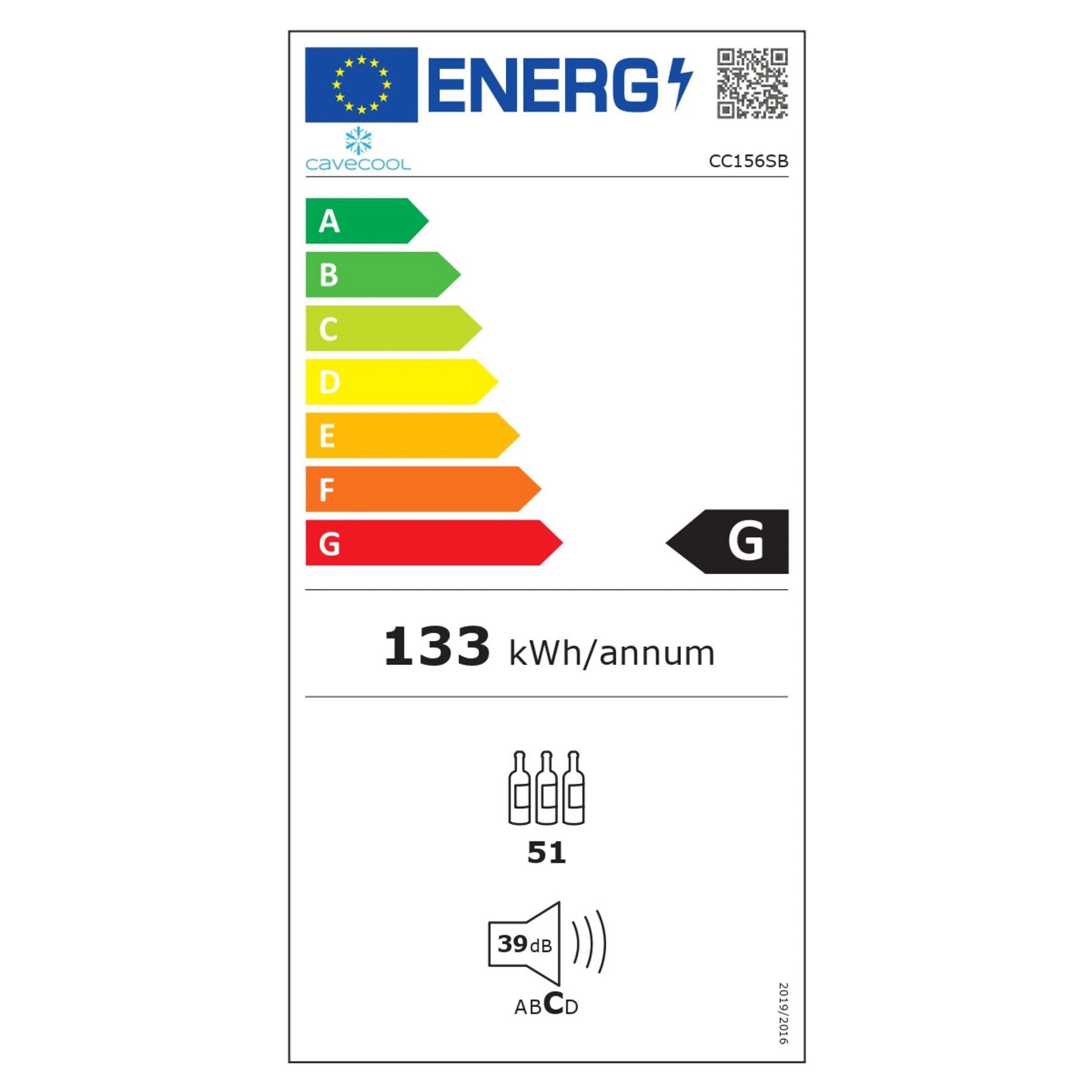 Energielabel freistehender Weinkühlschrank Cavecool Retro Basalt CC156SB, Energieeffizienzklasse G