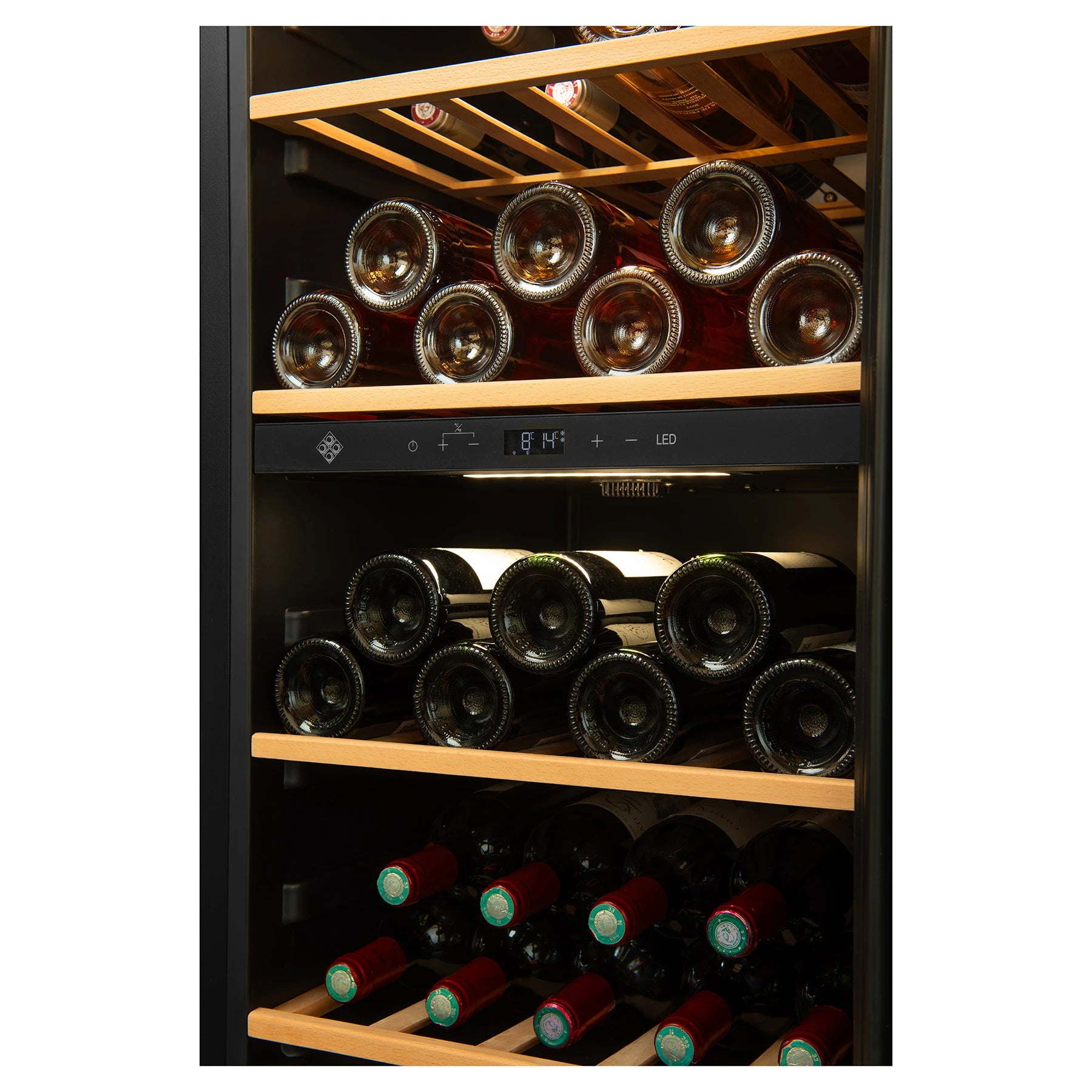 Weinkühlschrank La Sommelière SMART52DZ mit herausgezogenem Holzboden und liegenden Weiß- und Roséweinflaschen