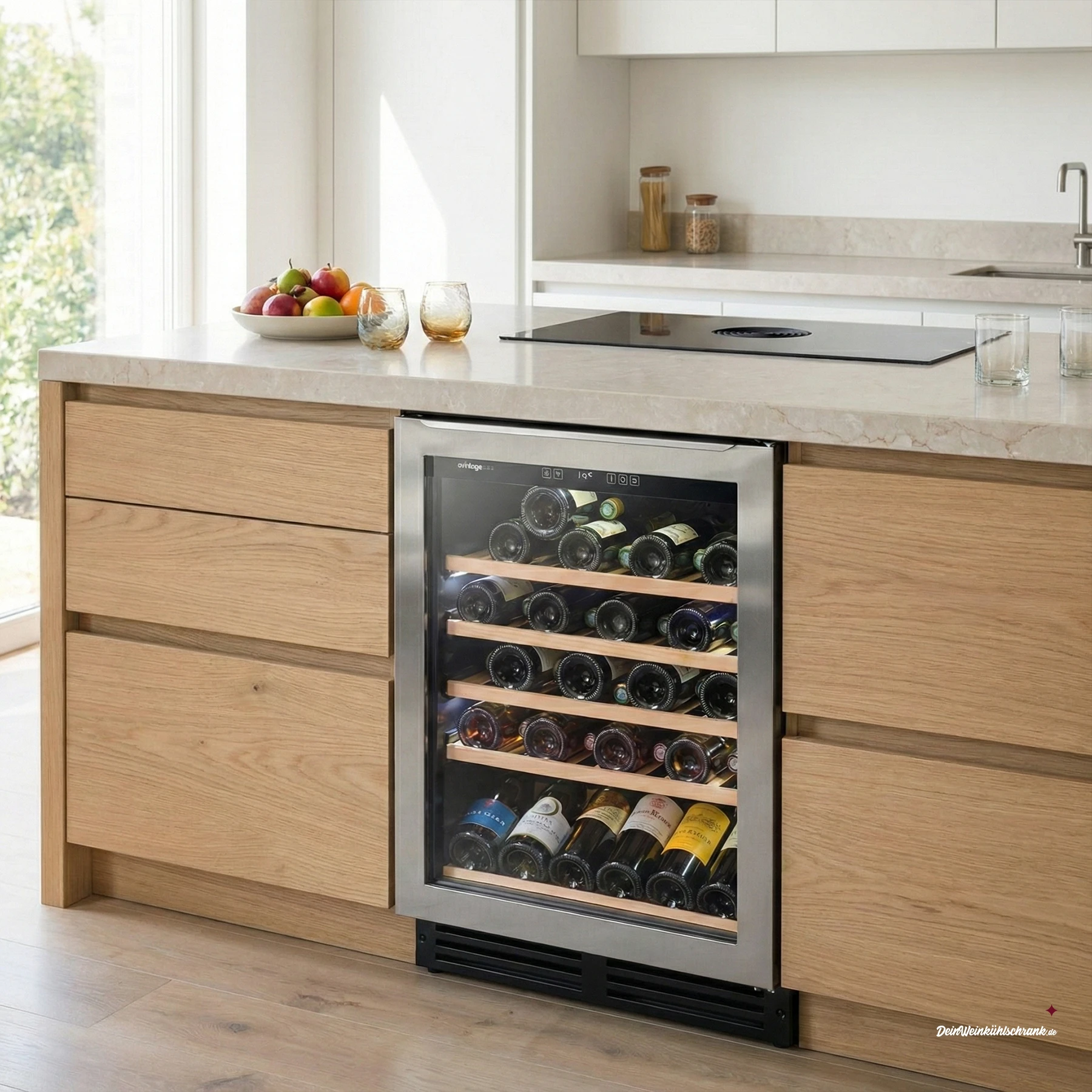 Einbau-Weinkühlschrank Avintage AVU52TX1 für bis zu 53 Flaschen, mit Glastür und Edelstahlrahmen, integriert in eine moderne Kücheninsel aus hellem Holz und Naturstein-Arbeitsplatte.