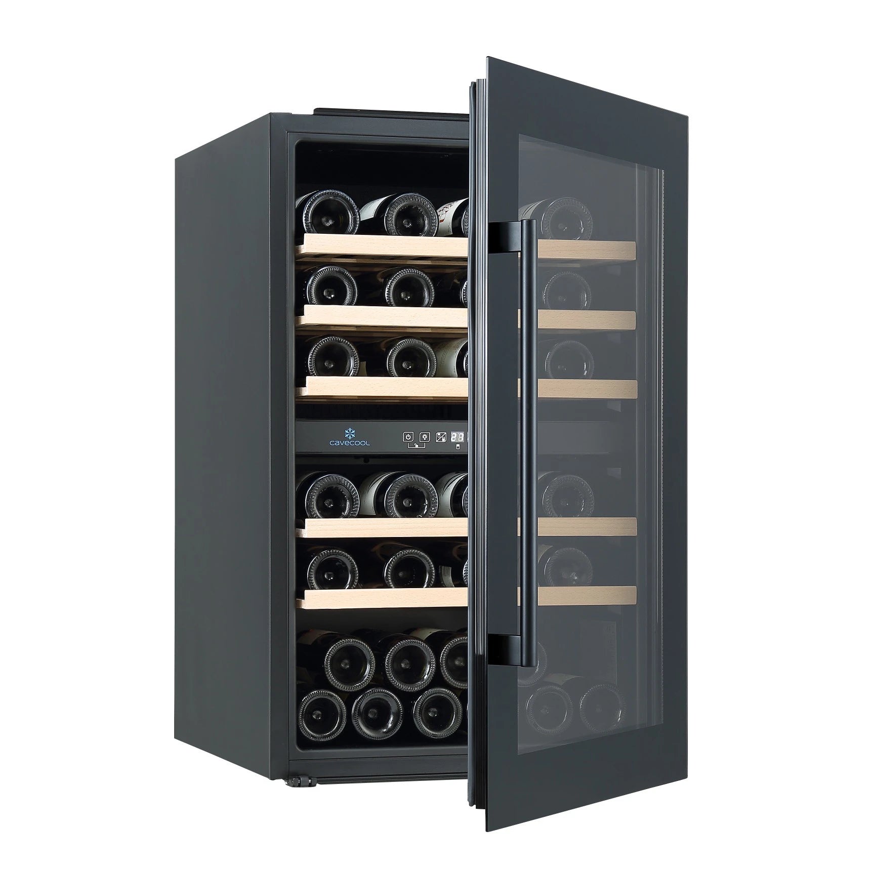 Weinkühlschrank Cavecool Morion Galena CCI152DB in Schwarz, Tür offen, mit Holzregalen und zahlreichen liegenden Weinflaschen im Inneren.