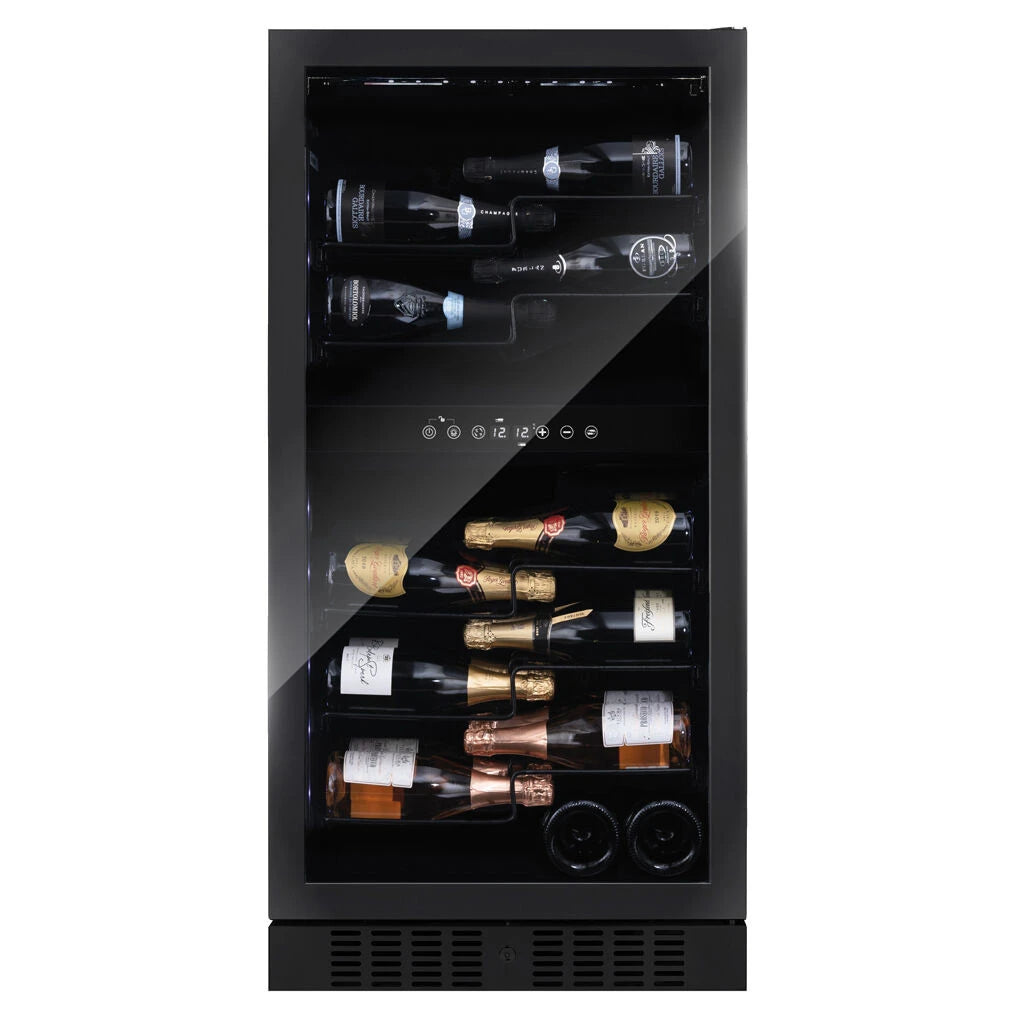 Dunavox Sera-58 Unterbau-Weinkühlschrank, schwarzes Gehäuse mit Glastür, vollbeladene Regalebenen mit Wein und Champagner