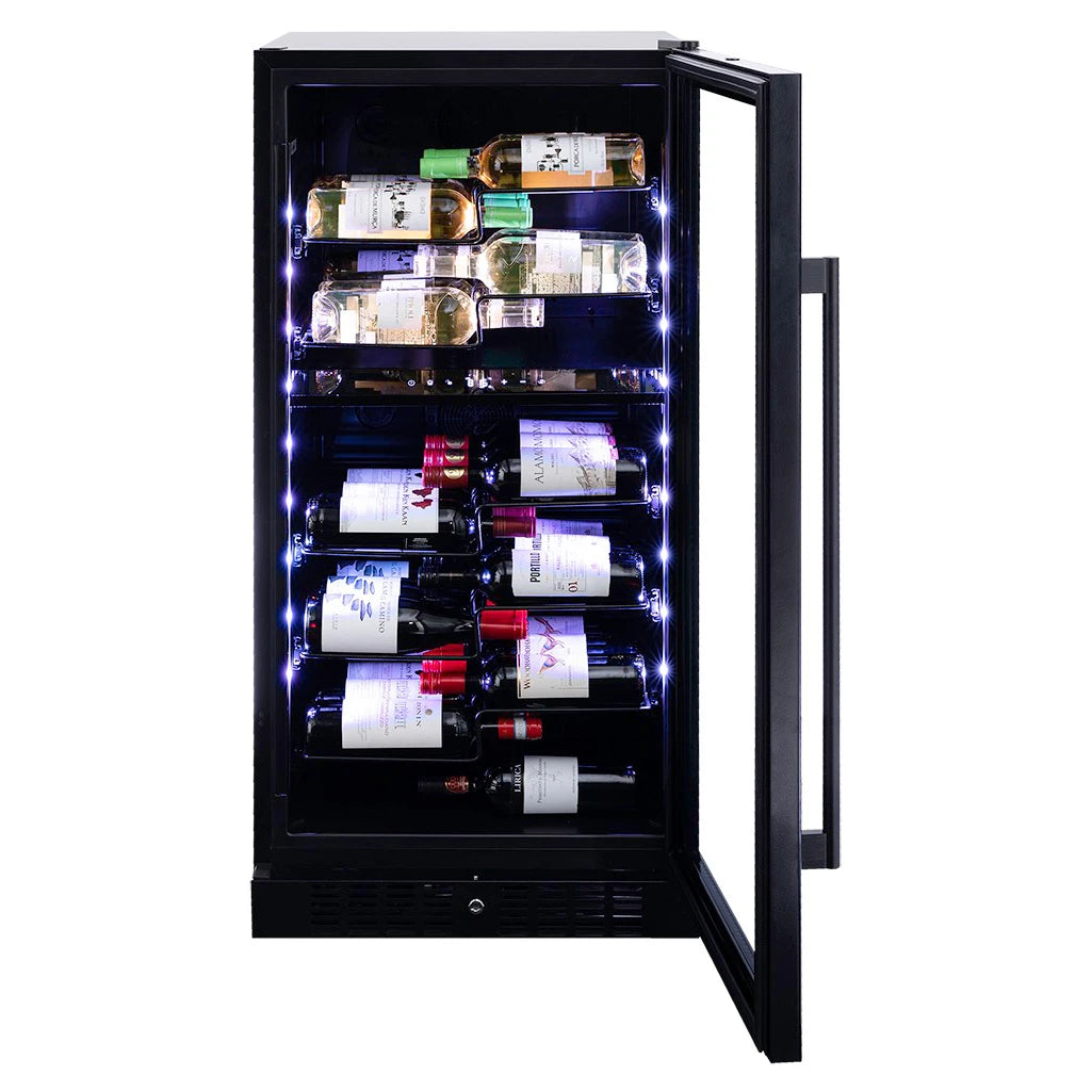 Dunavox Sera-58 Weinkühlschrank geöffnet, Frontalansicht mit blauen LED-Regalleuchten und vollbeladenen Weinflaschen