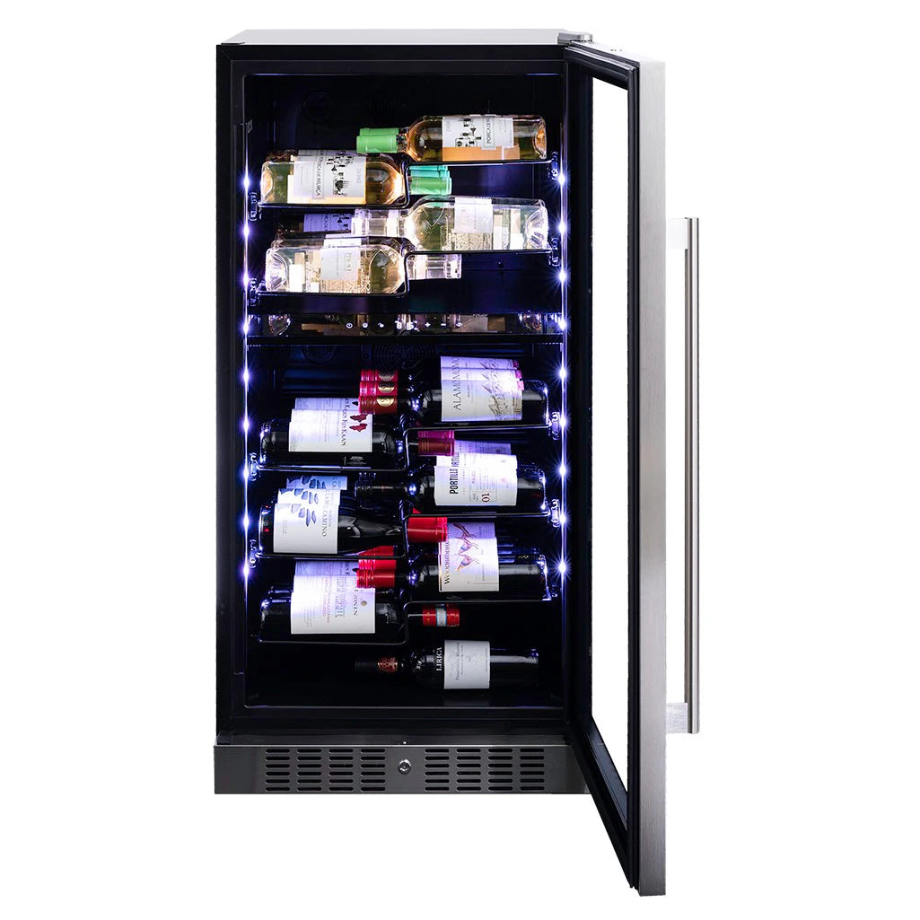 Dunavox Sera-58 Weinkühlschrank mit geöffneter Glastür, Doppelzone mit Rot- und Schaumwein, blaue LED-Innenbeleuchtung