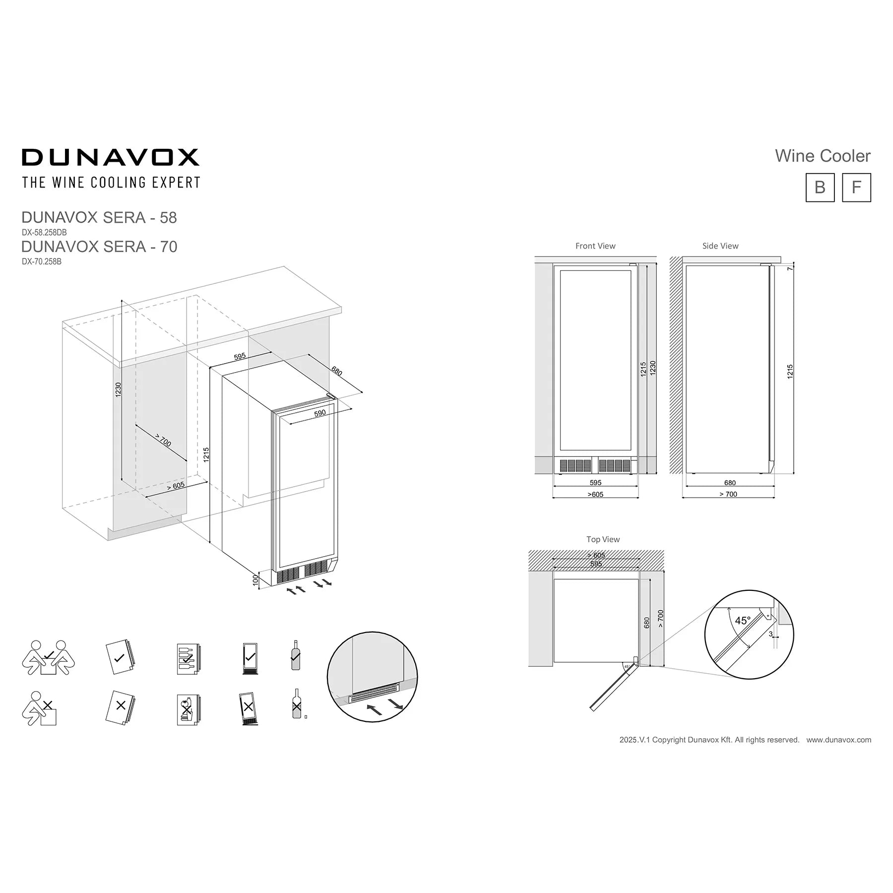 Dunavox Sera-58 Einbaumaße: technische Zeichnung mit Front-, Seiten- und Draufsicht sowie Montagesymbolen für Unterbau