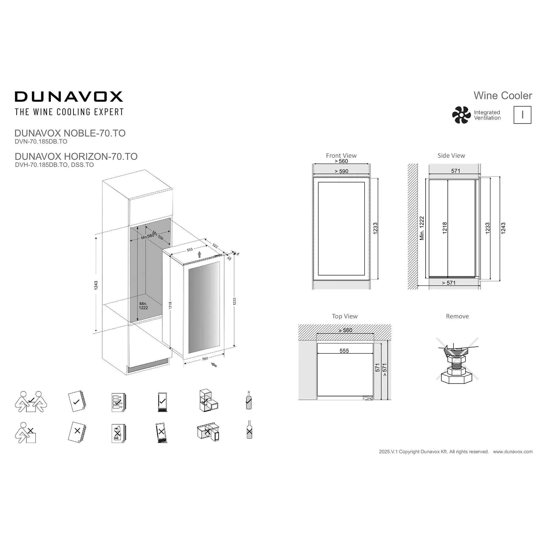 Technisches Datenblatt Dunavox Noble-70 Weinkühlschrank mit Maßzeichnungen, Einbauansichten und Installationssymbolen