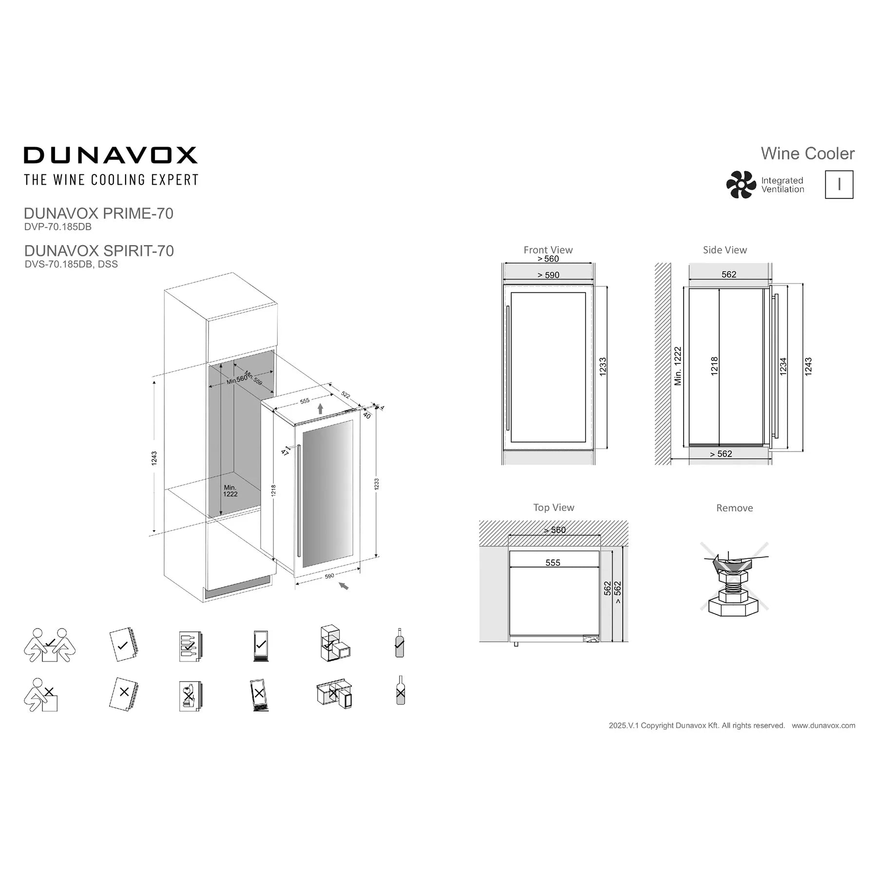 Technisches Datenblatt Dunavox Prime-70 Weinkühlschrank mit Maßzeichnungen, Einbauansichten und Installationssymbolen