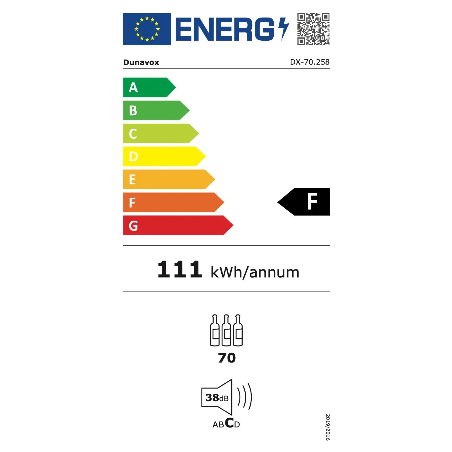 Dunavox Sera-70 EU-Energielabel, Effizienzklasse F, Jahresverbrauch 111 kWh, EU-Kapazität 70 Flaschen, Geräuschpegel 38 dB