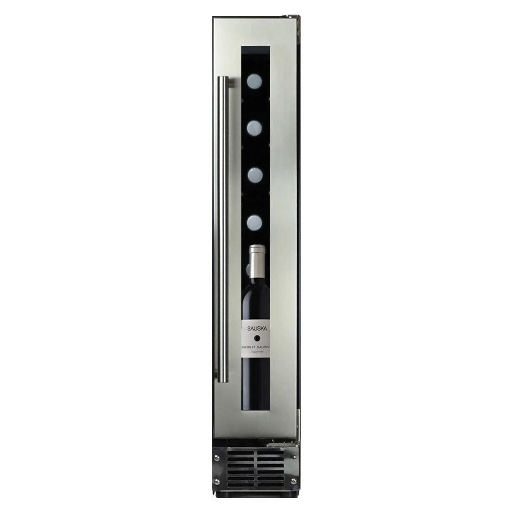 Dunavox Flow-8 Stainless schlanker Unterbau-Weinkühlschrank mit Edelstahlrahmen, Glastür und Rotweinflaschen im Innenraum
