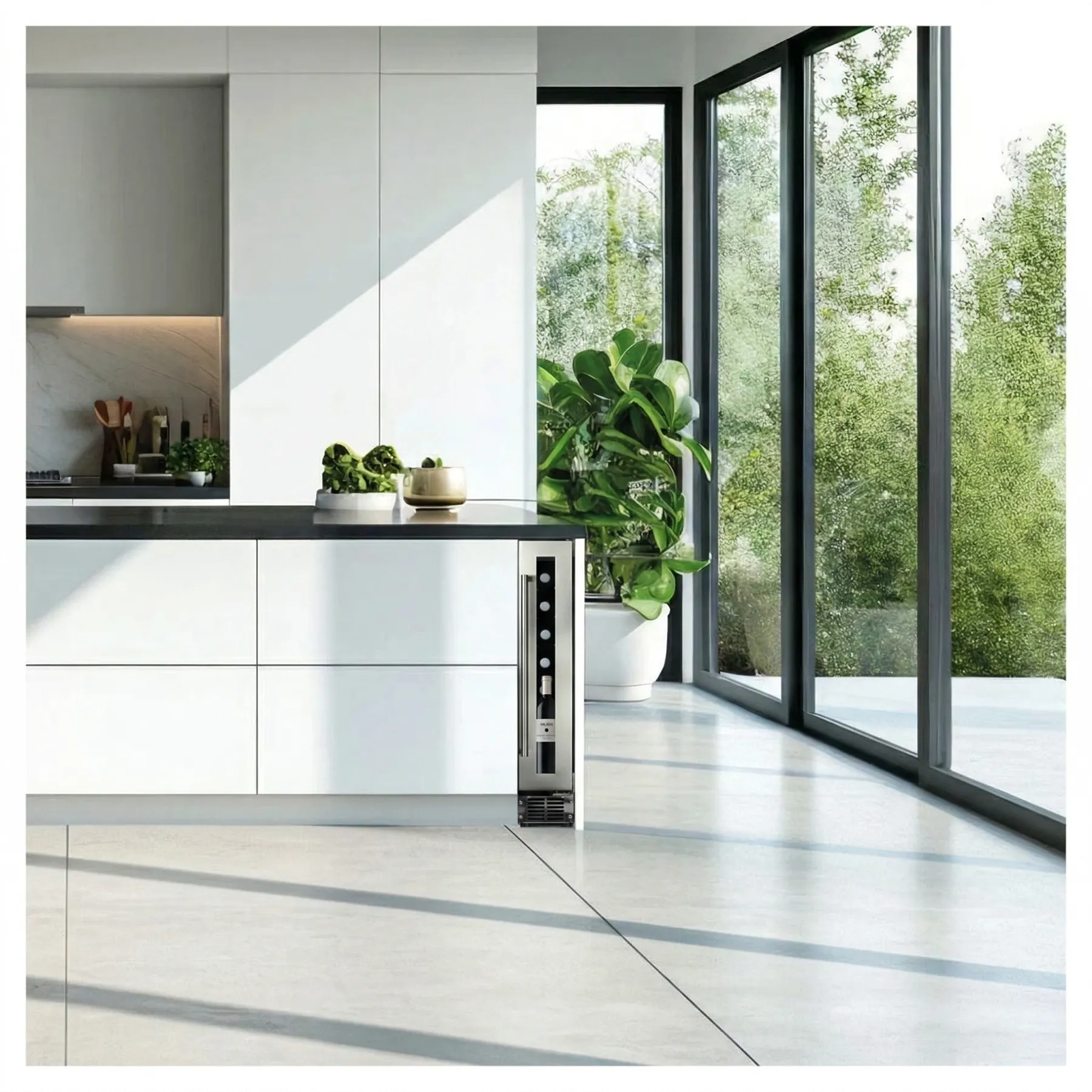 Dunavox Flow-8 Stainless Weinkühlschrank eingebaut in moderner weißer Küche mit Panoramafenstern und großer Zimmerpflanze