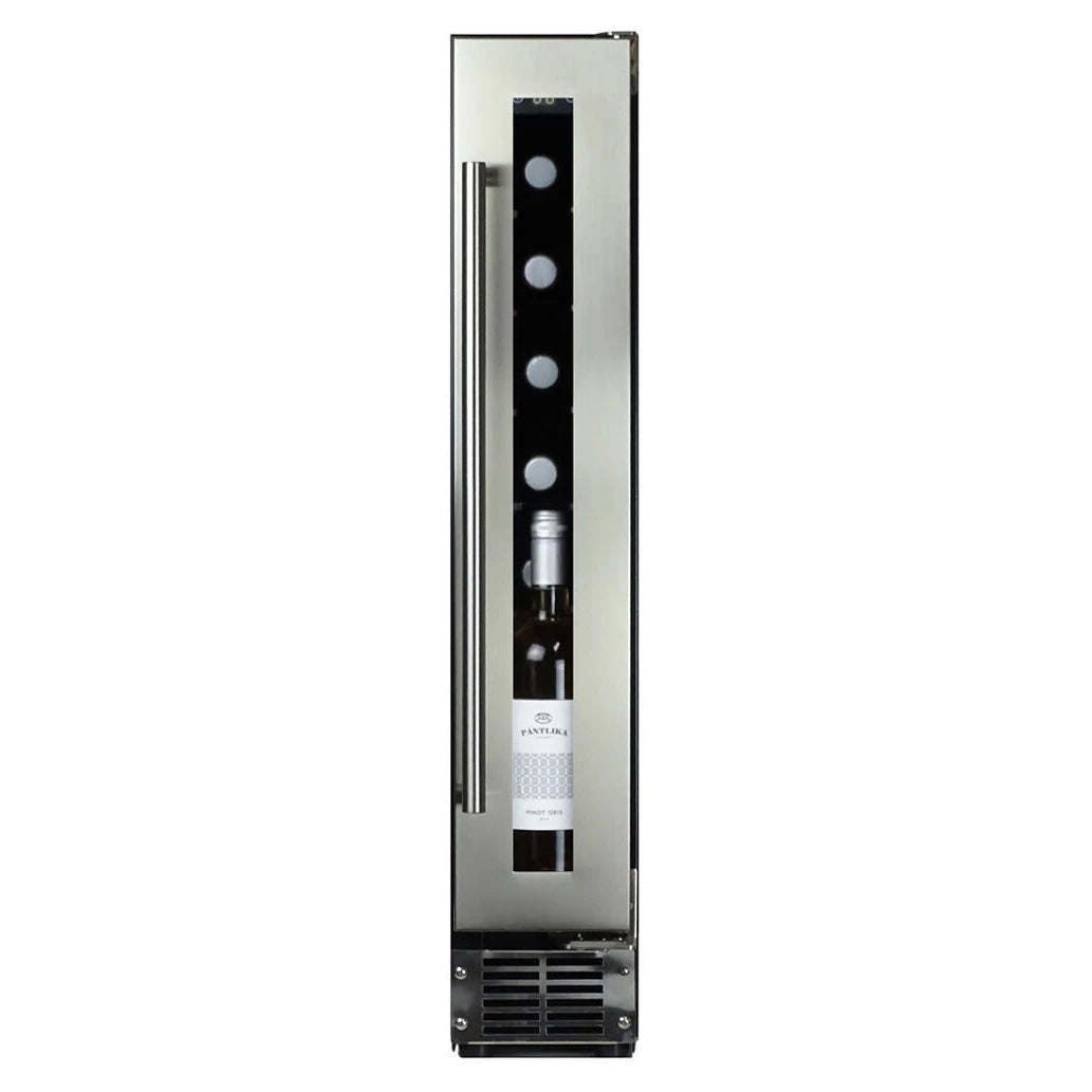 Dunavox Flow-9 Stainless schlanker Unterbau-Weinkühlschrank, 15 cm breit, mit Edelstahlrahmen, Glastür und einer Weinflasche