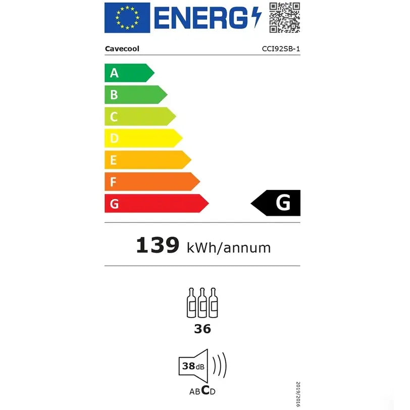Energielabel des Cavecool Morion Dravite CCI92SB Weinkühlschranks.