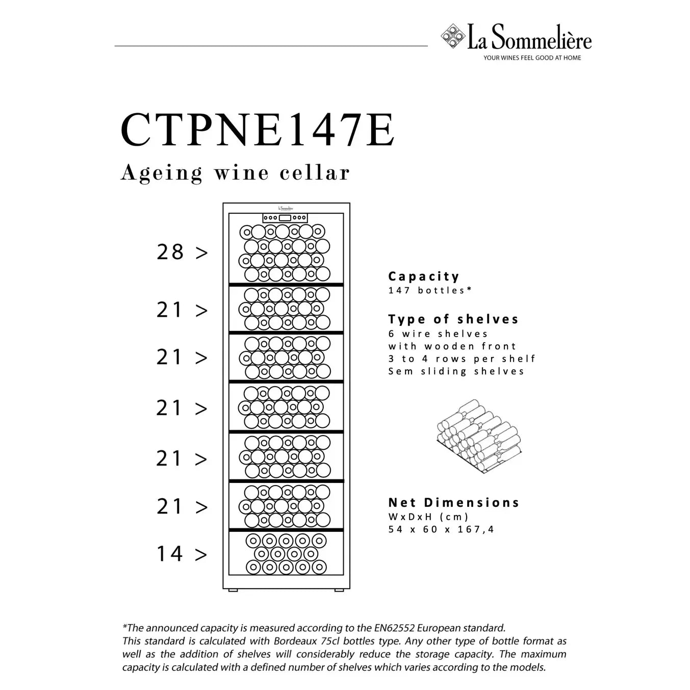 Installationsgrafik des La Sommelière CTPNE147E Weinkühlschranks mit Aufstellhinweisen und Abständen.