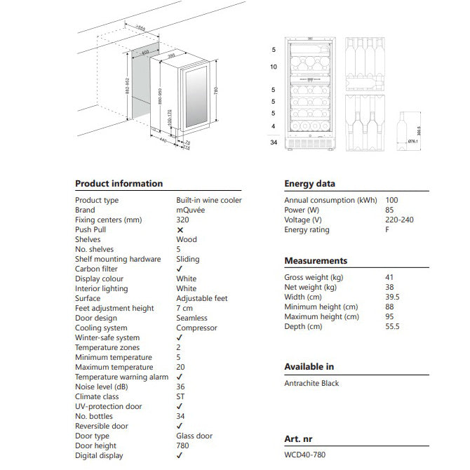 Wine Cooler 34 bottles mQuvée WineCave Exclusive 780 40D Anthracite Black