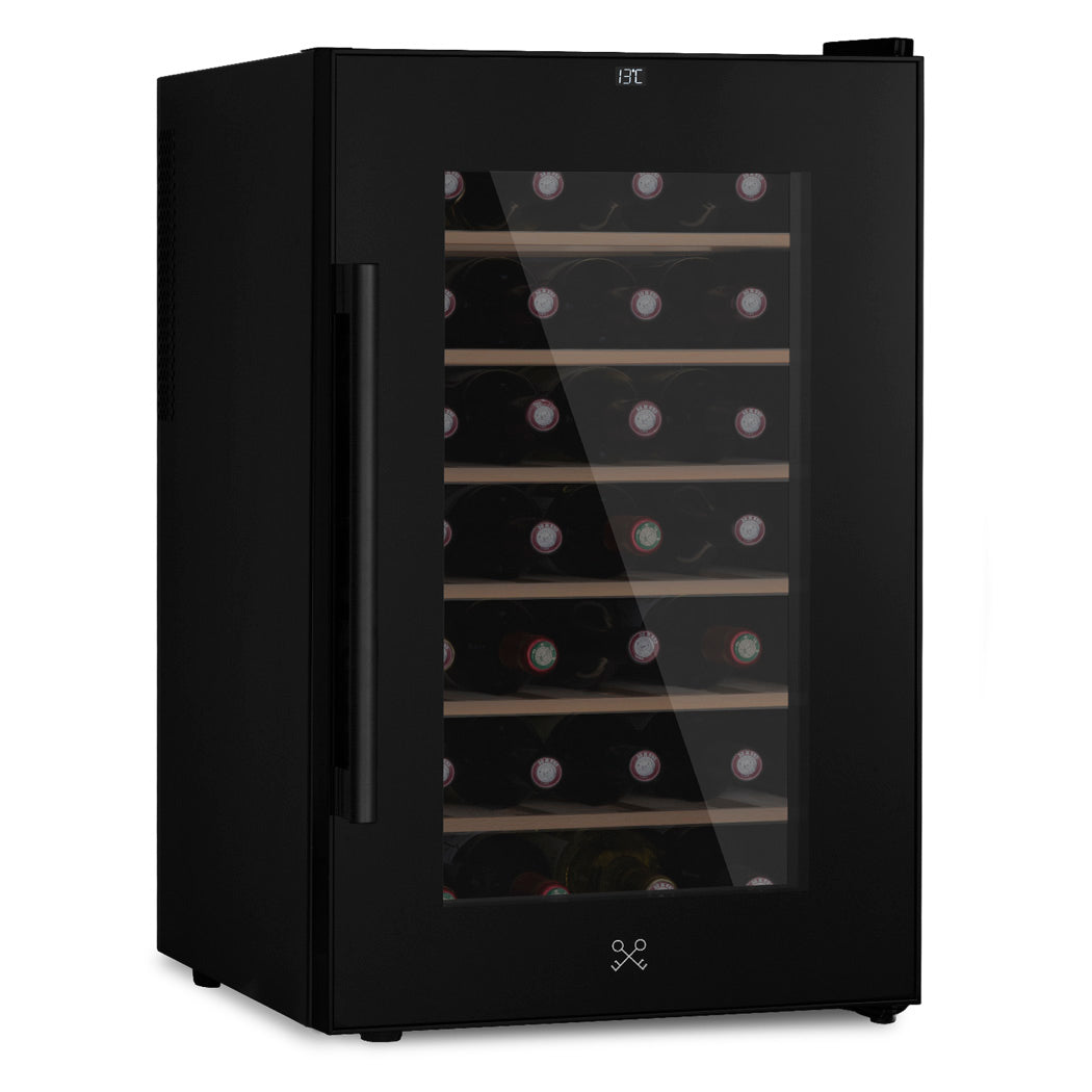 Les Petits Champs CAVCB28 Black Weinkühlschrank für 28 Flaschen – Innenansicht mit 6 Holzregalen