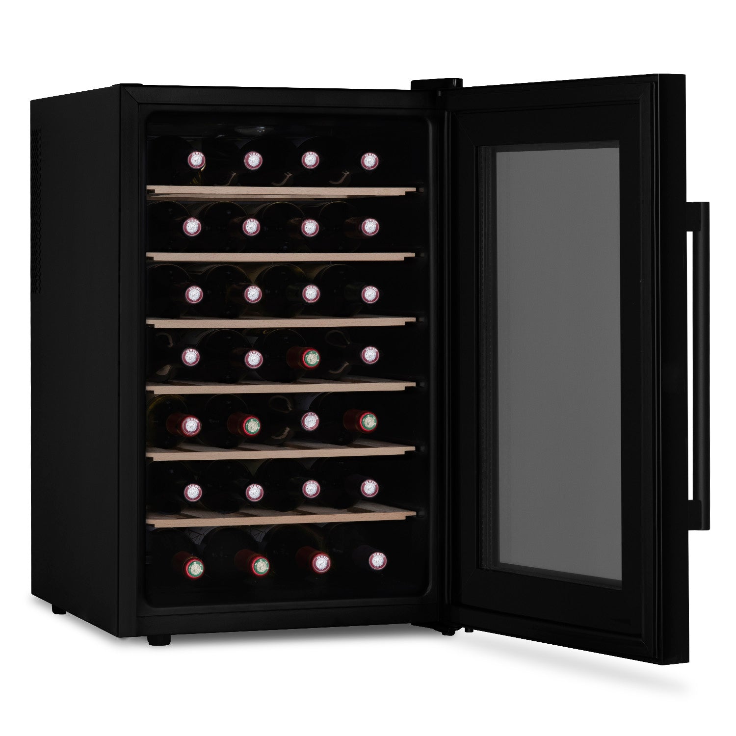 Les Petits Champs CAVCB28 Black thermoelektrischer Weinkühlschrank – Detailansicht mit Flaschenlagerung