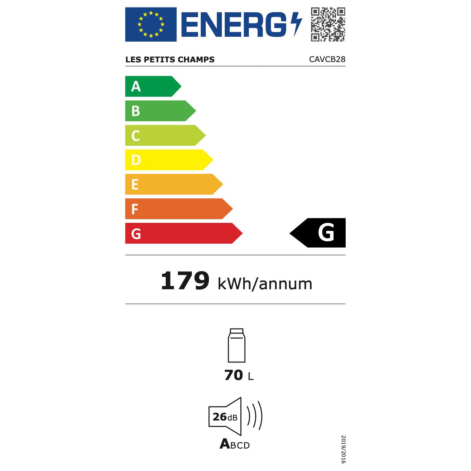 Energielabel des Les Petits Champs CAVCB28 Black Weinkühlschranks für 28 Flaschen