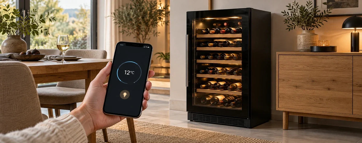 Illustratives Smartphone mit Temperatur- und Lichtsteuerung vor einem Weinkühlschrank
