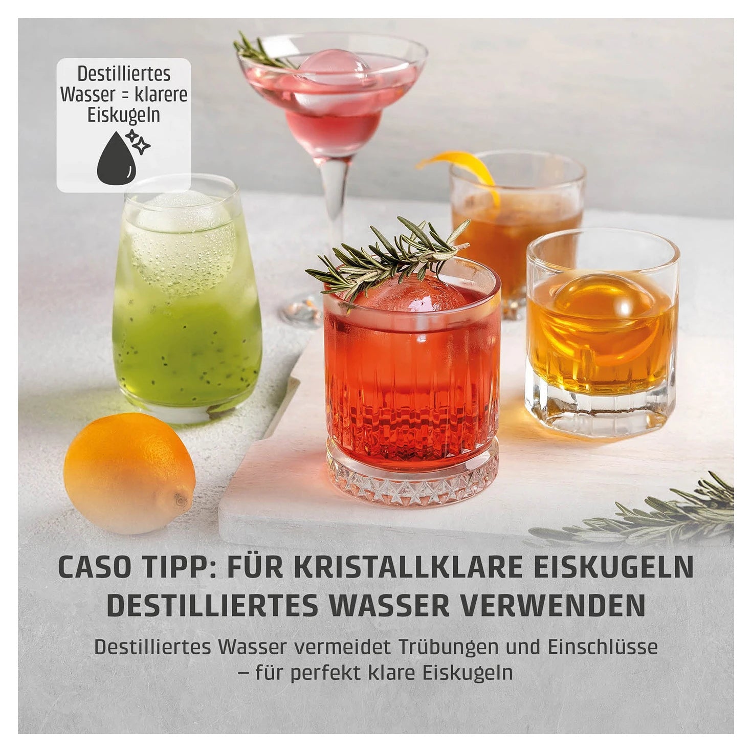Hinweis zu destilliertem Wasser für kristallklare Eiskugeln beim CASO Design IceBall Pro