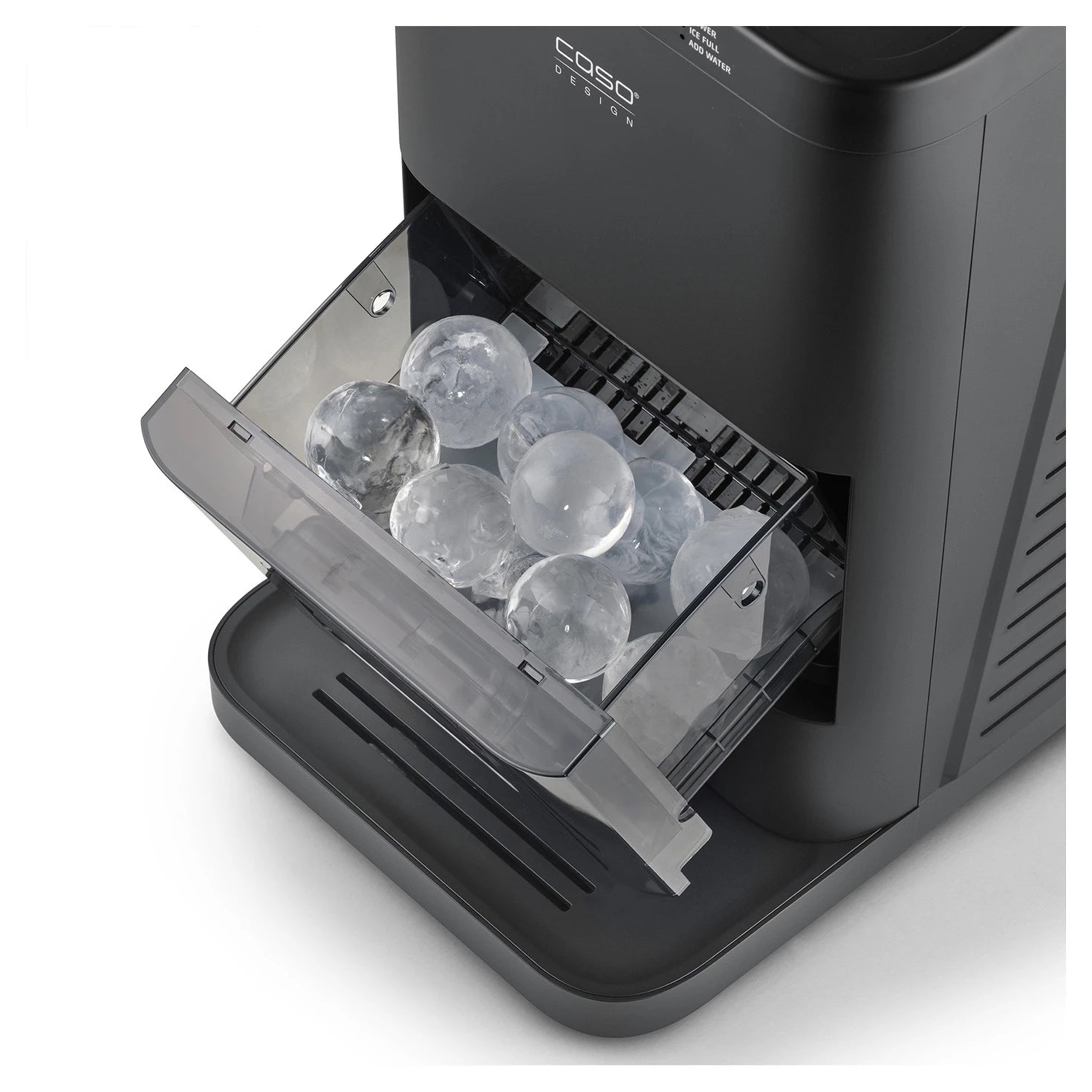 Transparentes Eisfach des CASO Design IceBall Pro mit fertigen Eiskugeln