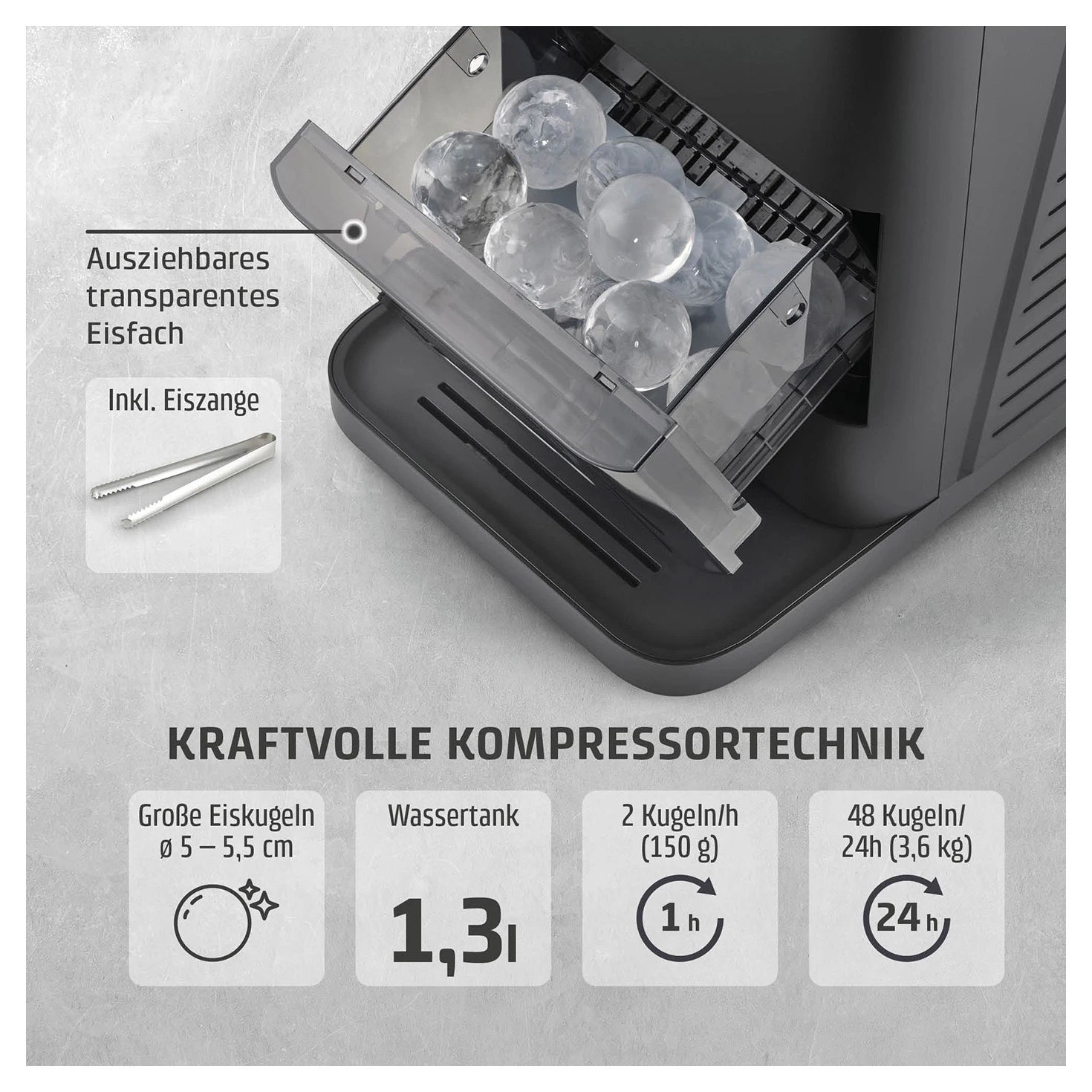Kompressortechnik und Leistungsdaten des CASO Design IceBall Pro mit Eiszange