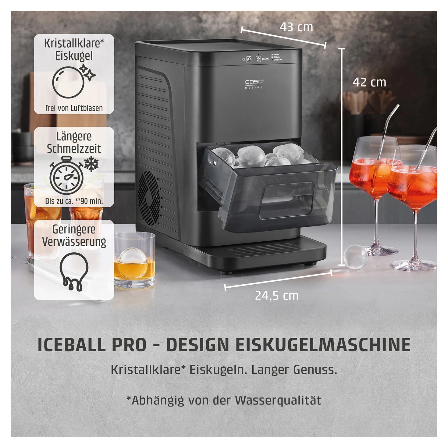 Eiskugelbereiter CASO Design IceBall Pro mit Maßangaben