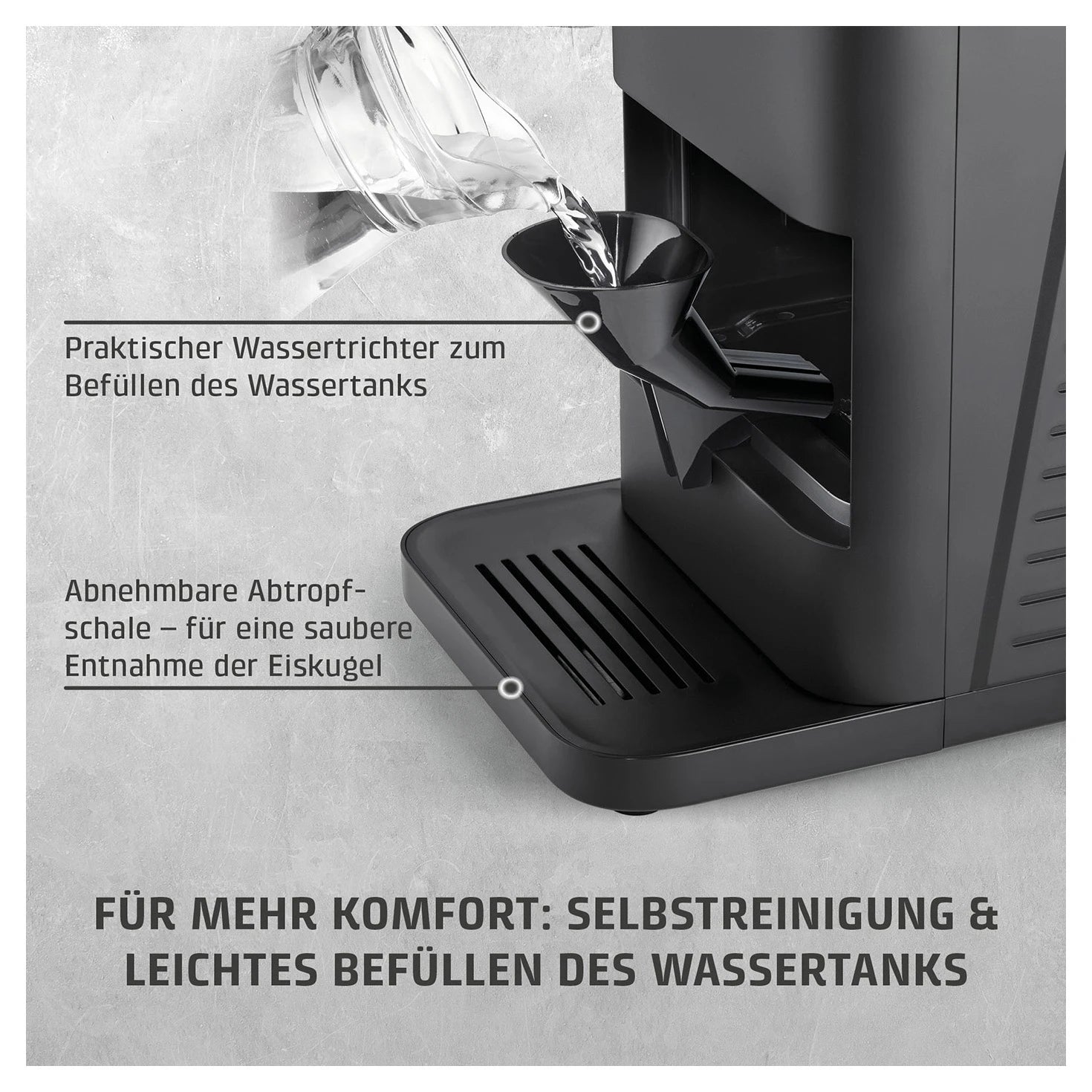 Wassertrichter und abnehmbare Abtropfschale des CASO Design IceBall Pro