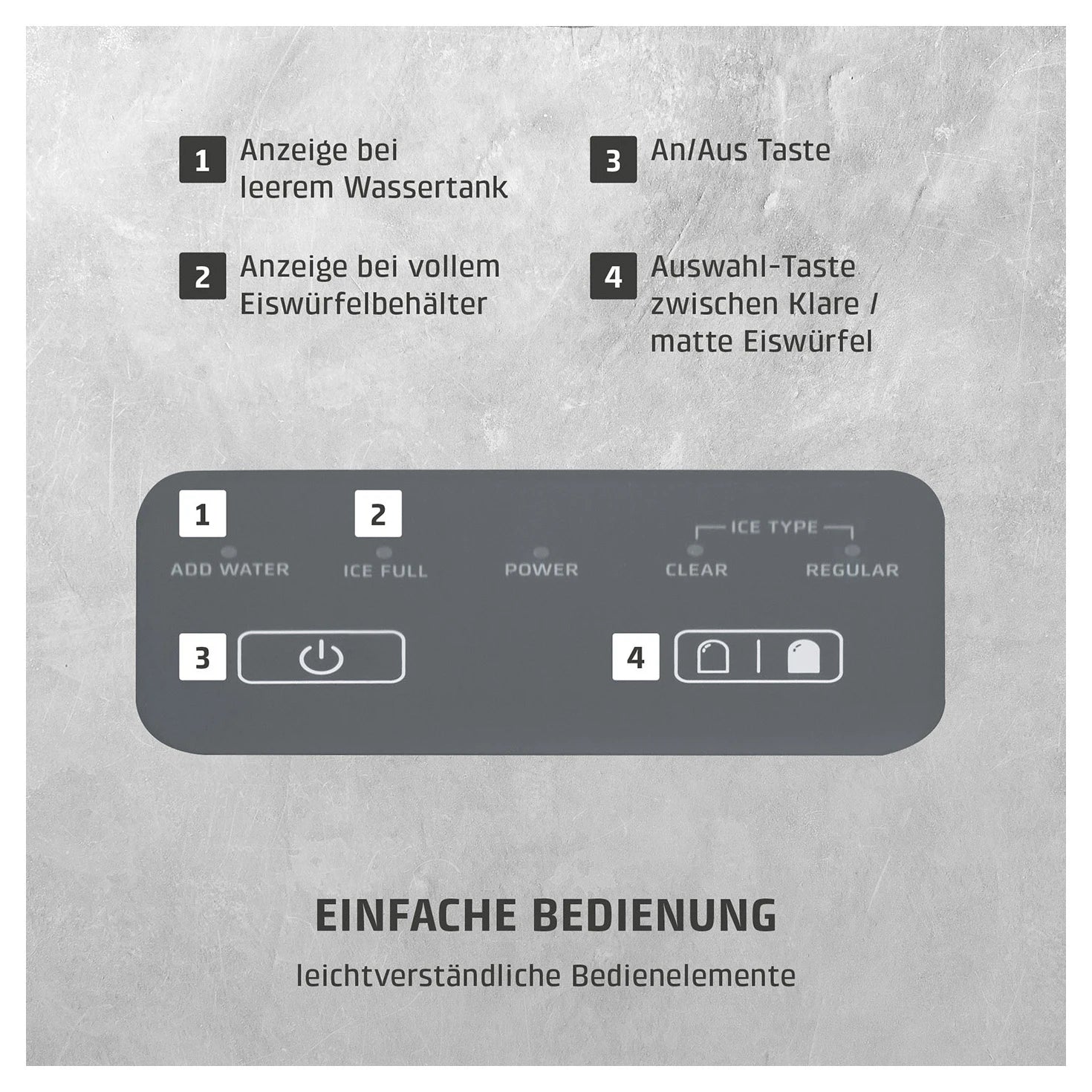 Bedienelemente des CASO Design Clear Ice Advanced mit Auswahl klarer oder matter Eiswürfel