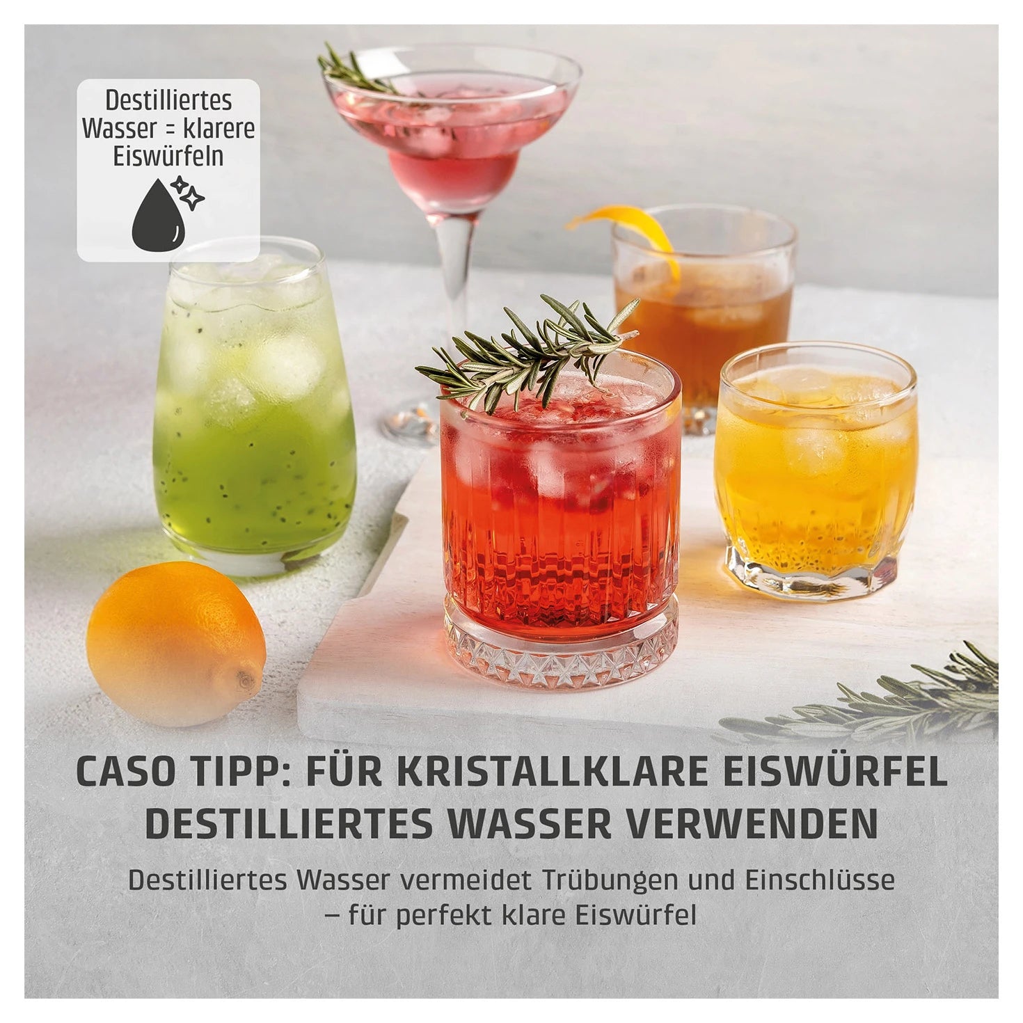 Hinweis zu destilliertem Wasser für kristallklare Eiswürfel beim CASO Design Clear Ice Advanced