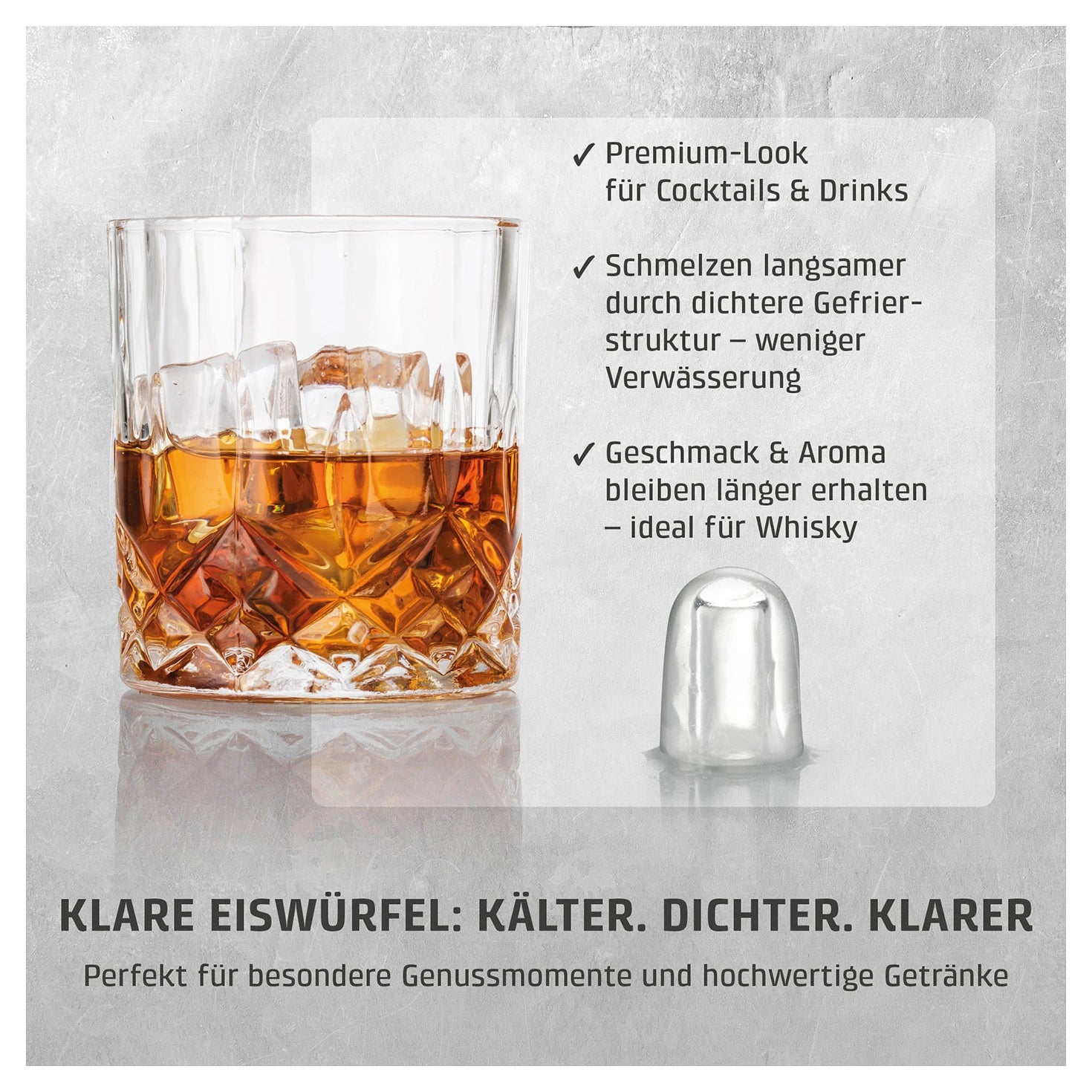 Klare Eiswürfel des CASO Design Clear Ice Advanced im Whiskyglas