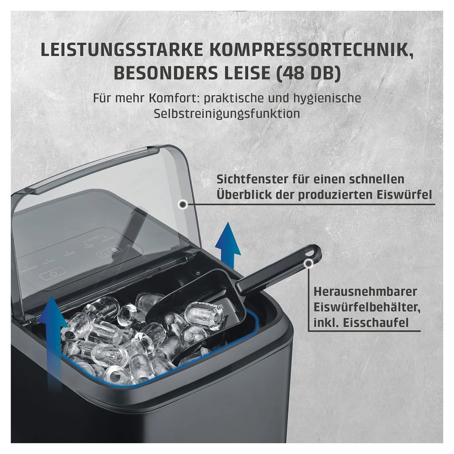 Kompressortechnik des CASO Design Clear Ice Advanced mit 48 dB und Selbstreinigung