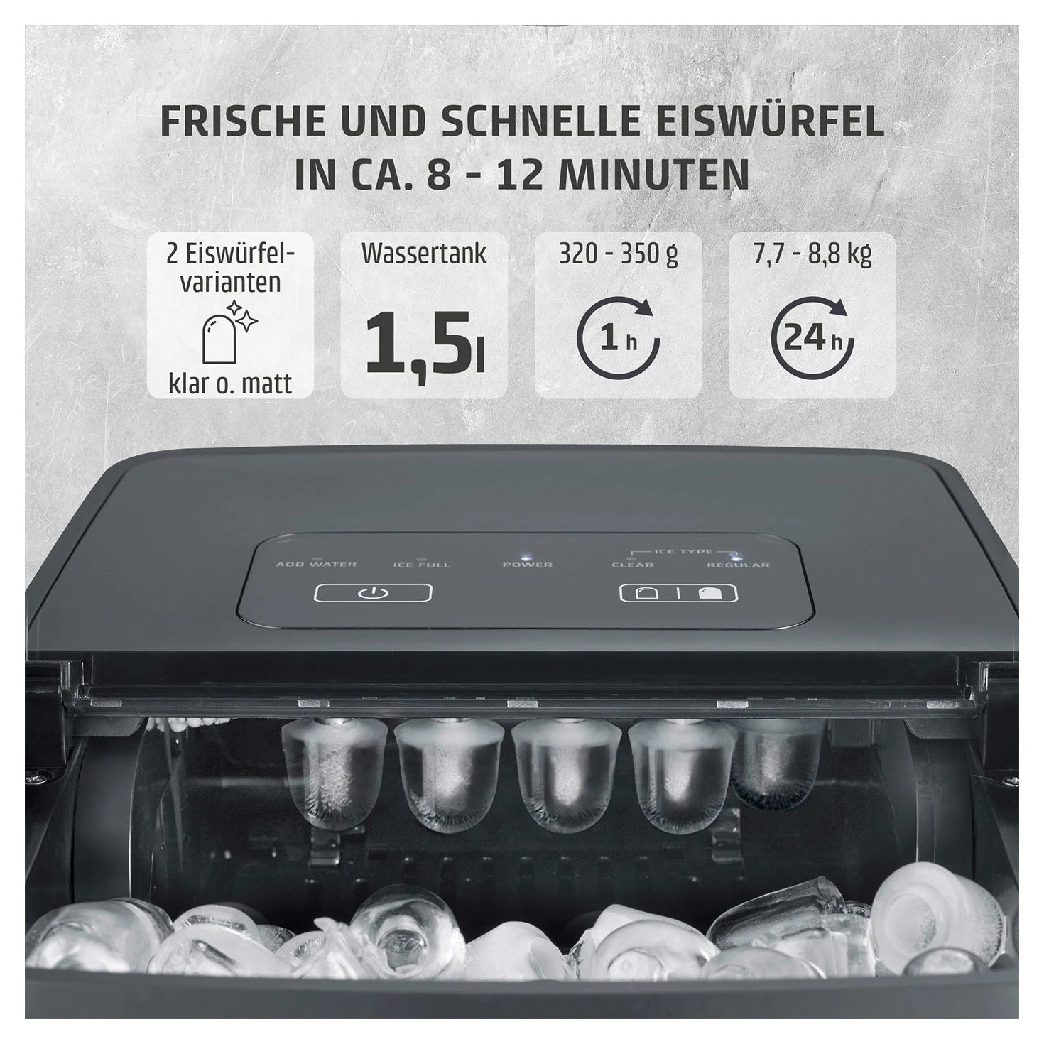 Leistungsdaten des CASO Design Clear Ice Advanced: Eis in 8 bis 12 Minuten, 1,5-Liter-Tank