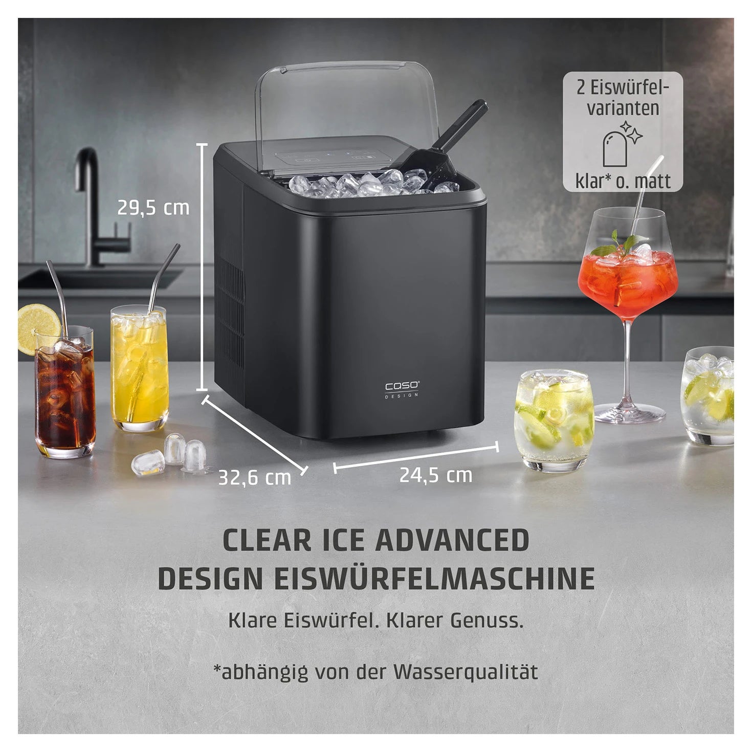 Eiswürfelbereiter CASO Design Clear Ice Advanced mit Maßangaben und Getränken