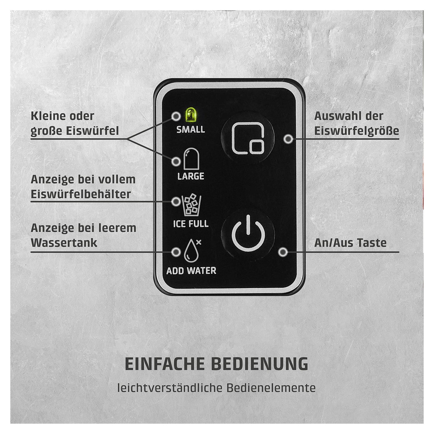 Bedienelemente des CASO Design IceChef Compact mit Anzeigen für Wassertank und Eisbehälter