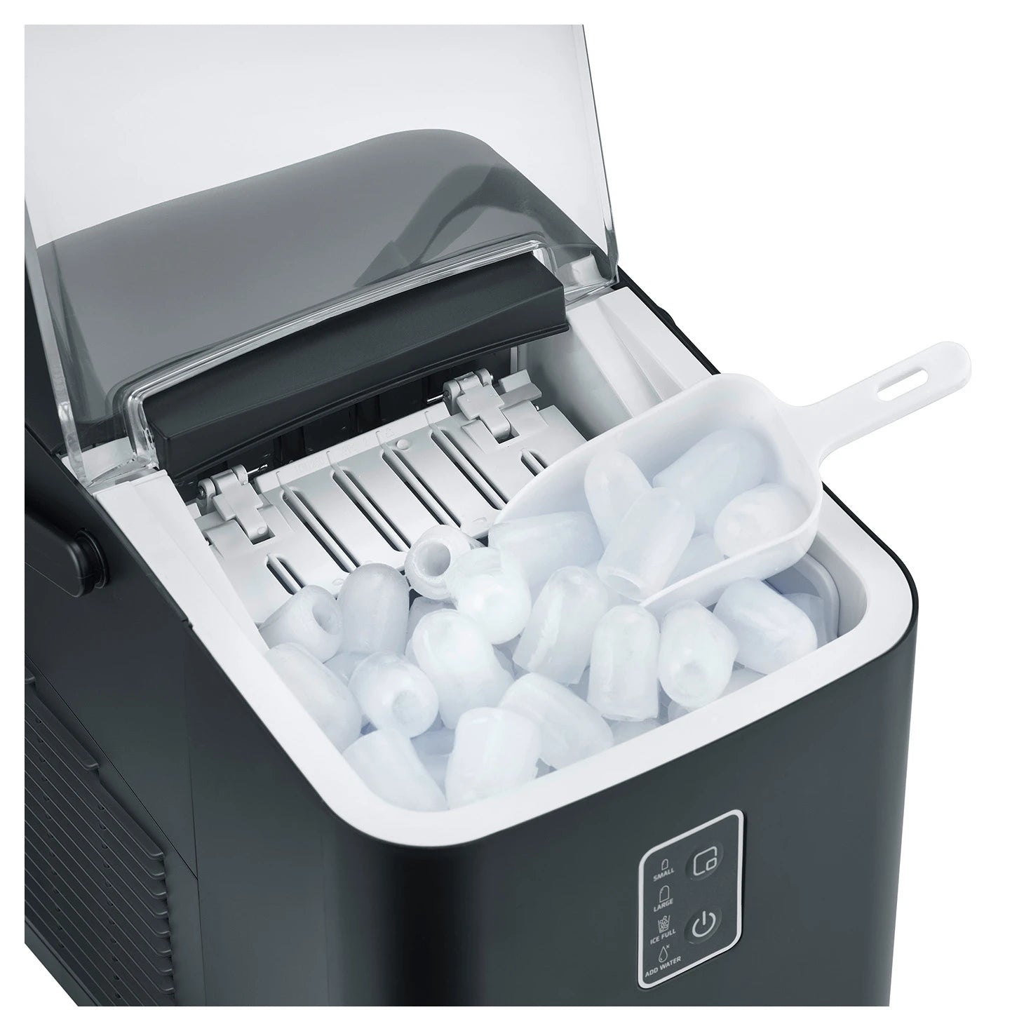 Innenraum des CASO Design IceChef Compact mit Eiswürfeln und Eisschaufel