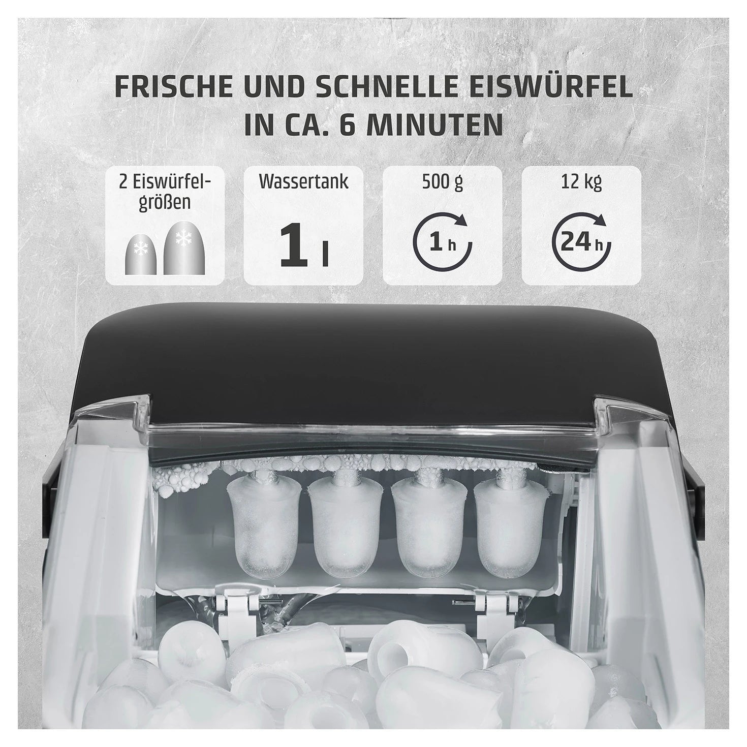 Leistungsdaten des CASO Design IceChef Compact: 1-Liter-Tank, 500 g pro Stunde, 12 kg in 24 Stunden