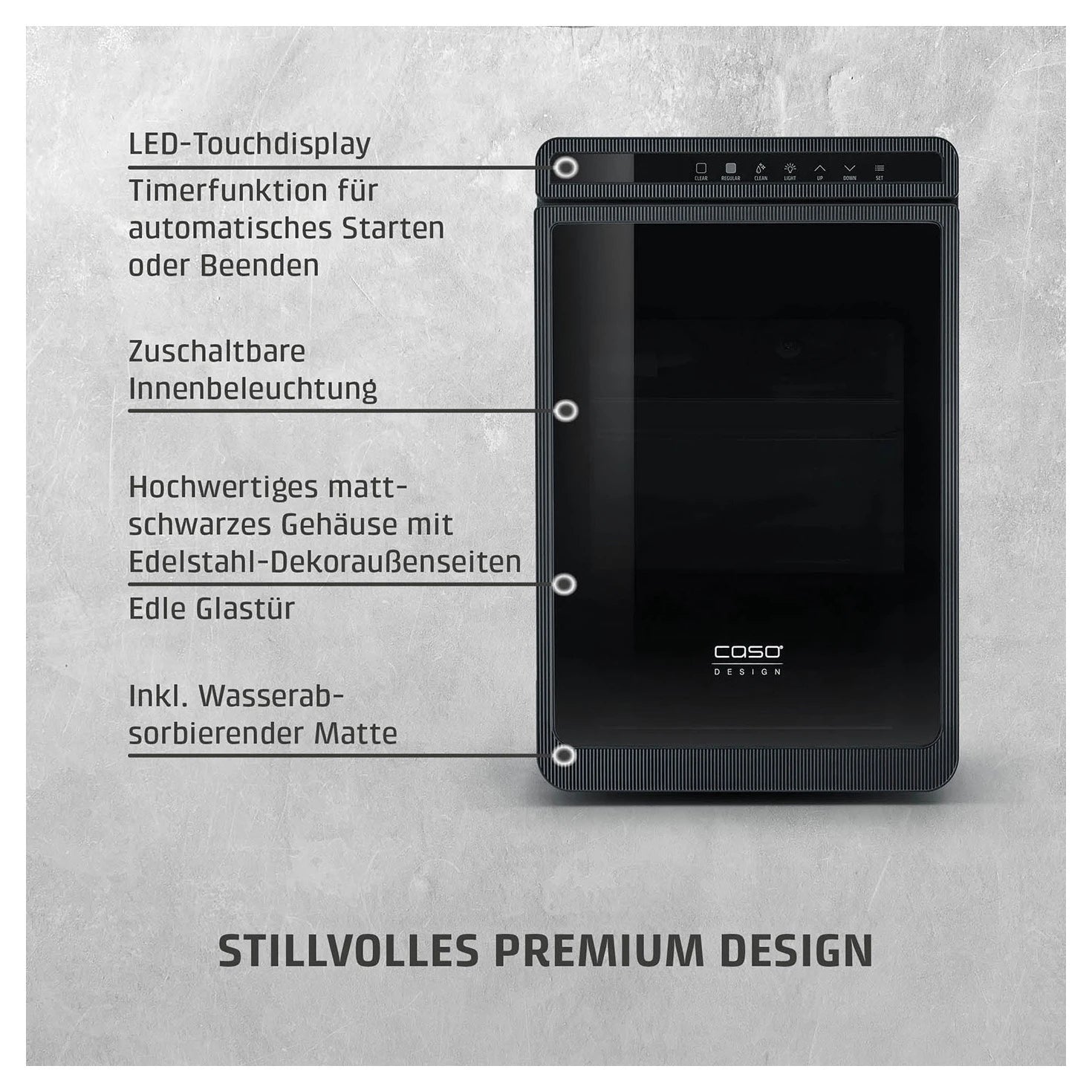 Ausstattung des CASO Design IceCube Pro: LED-Touchdisplay, Timer und Glastür