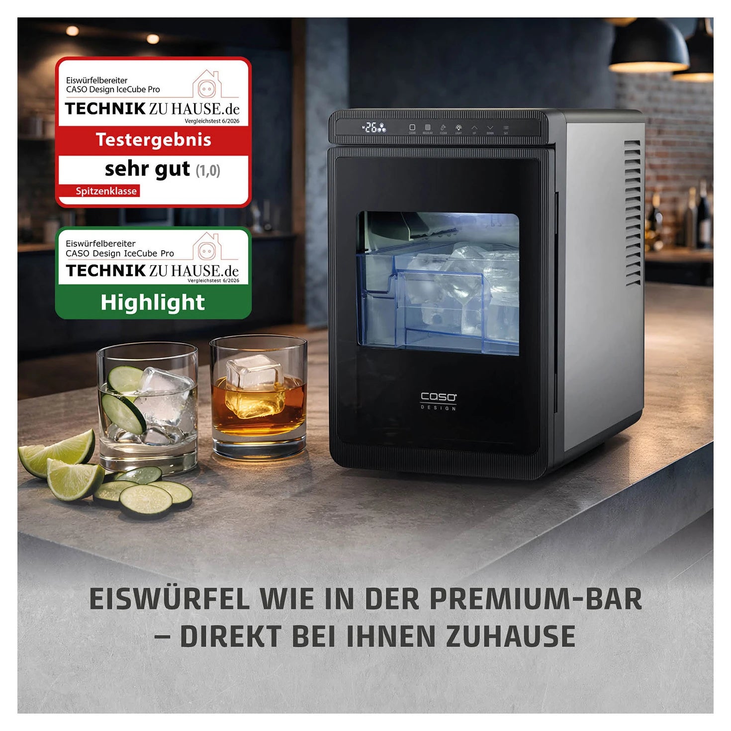 Eiswürfelbereiter CASO Design IceCube Pro mit Cocktails auf der Bartheke