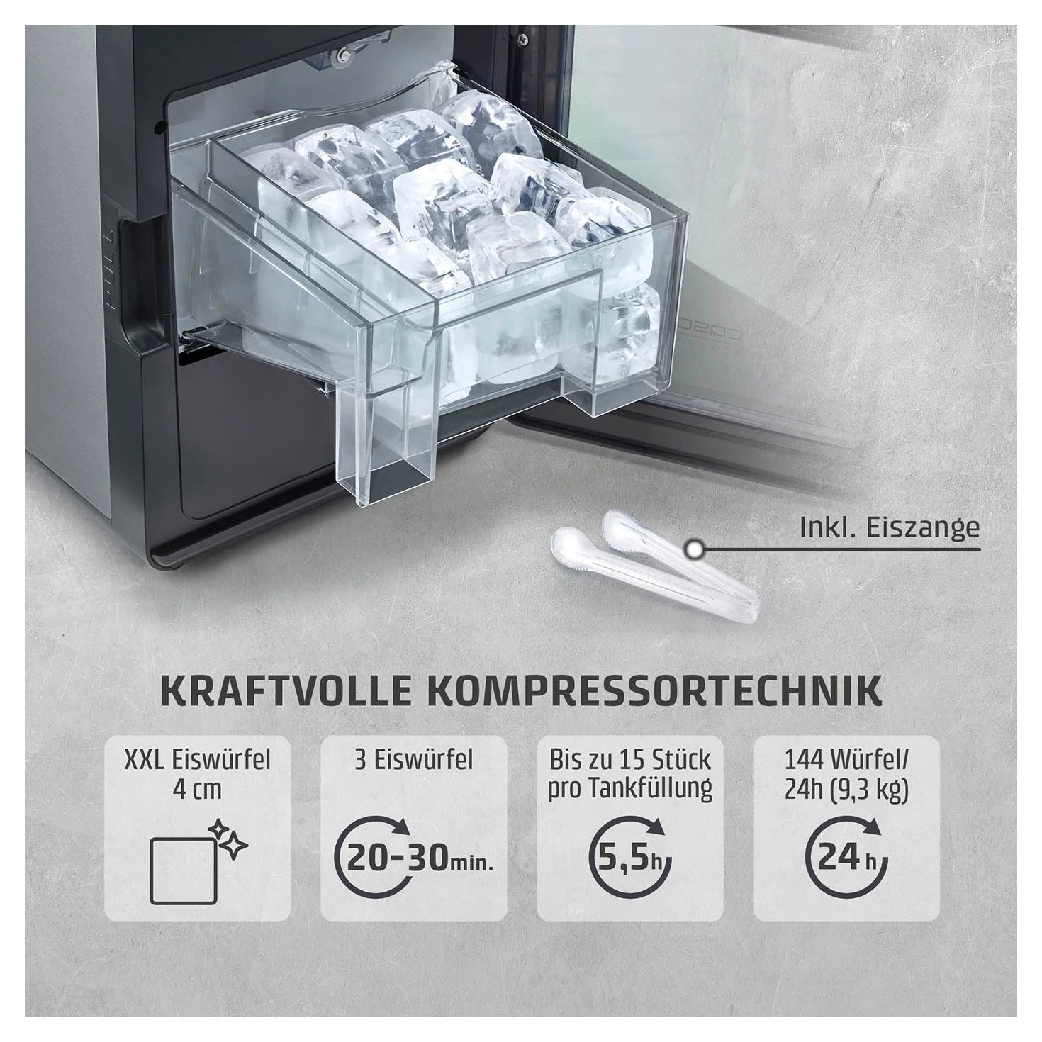 Kompressortechnik und Leistungsdaten des CASO Design IceCube Pro mit Eiszange