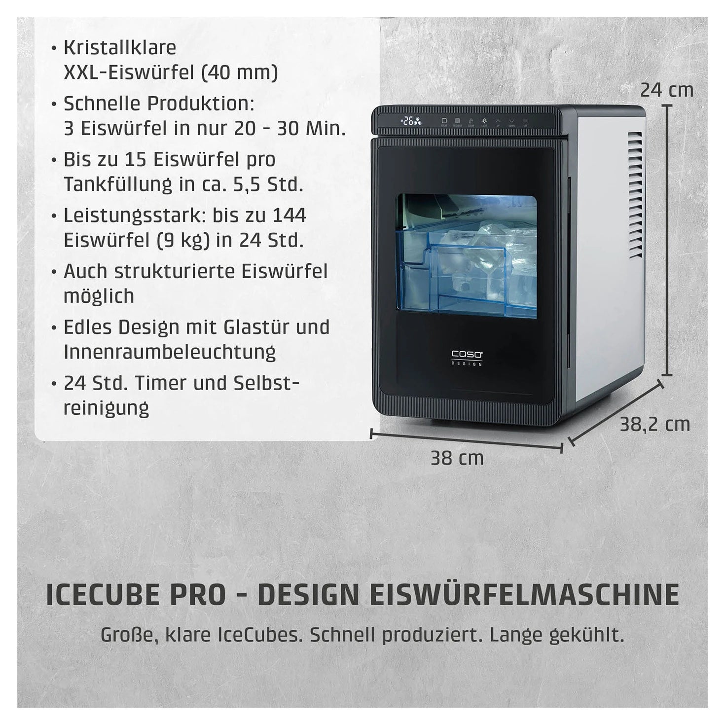 Eiswürfelbereiter CASO Design IceCube Pro mit Maßangaben und Leistungsdaten