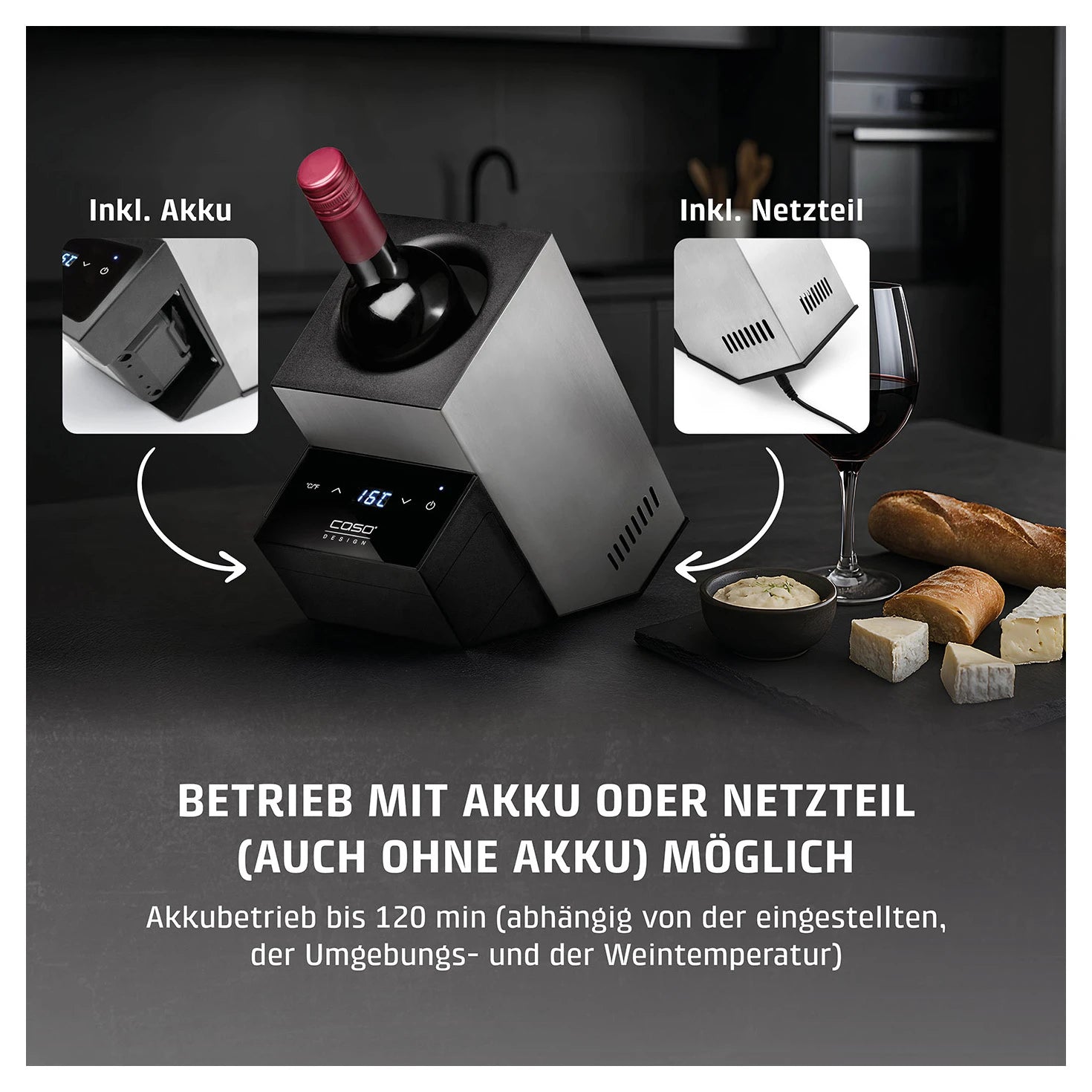 Flaschenkühler CASO Design WineCase Deluxe Inox mit Akku und Netzteil im Lieferumfang