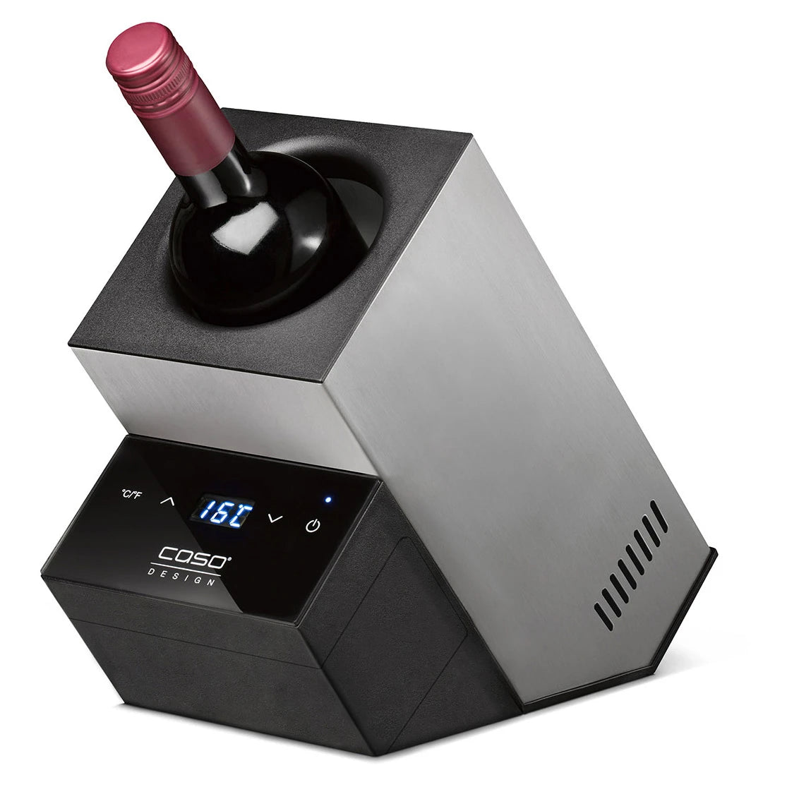 Flaschenkühler CASO Design WineCase Deluxe Inox mit Weinflasche, Ansicht von schräg vorne