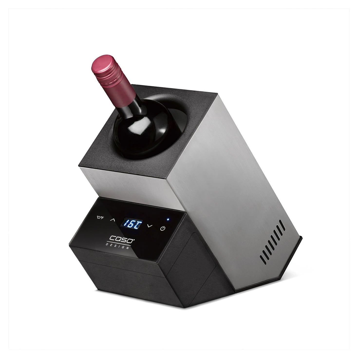 Flaschenkühler CASO Design WineCase Deluxe Inox mit Weinflasche, Frontansicht