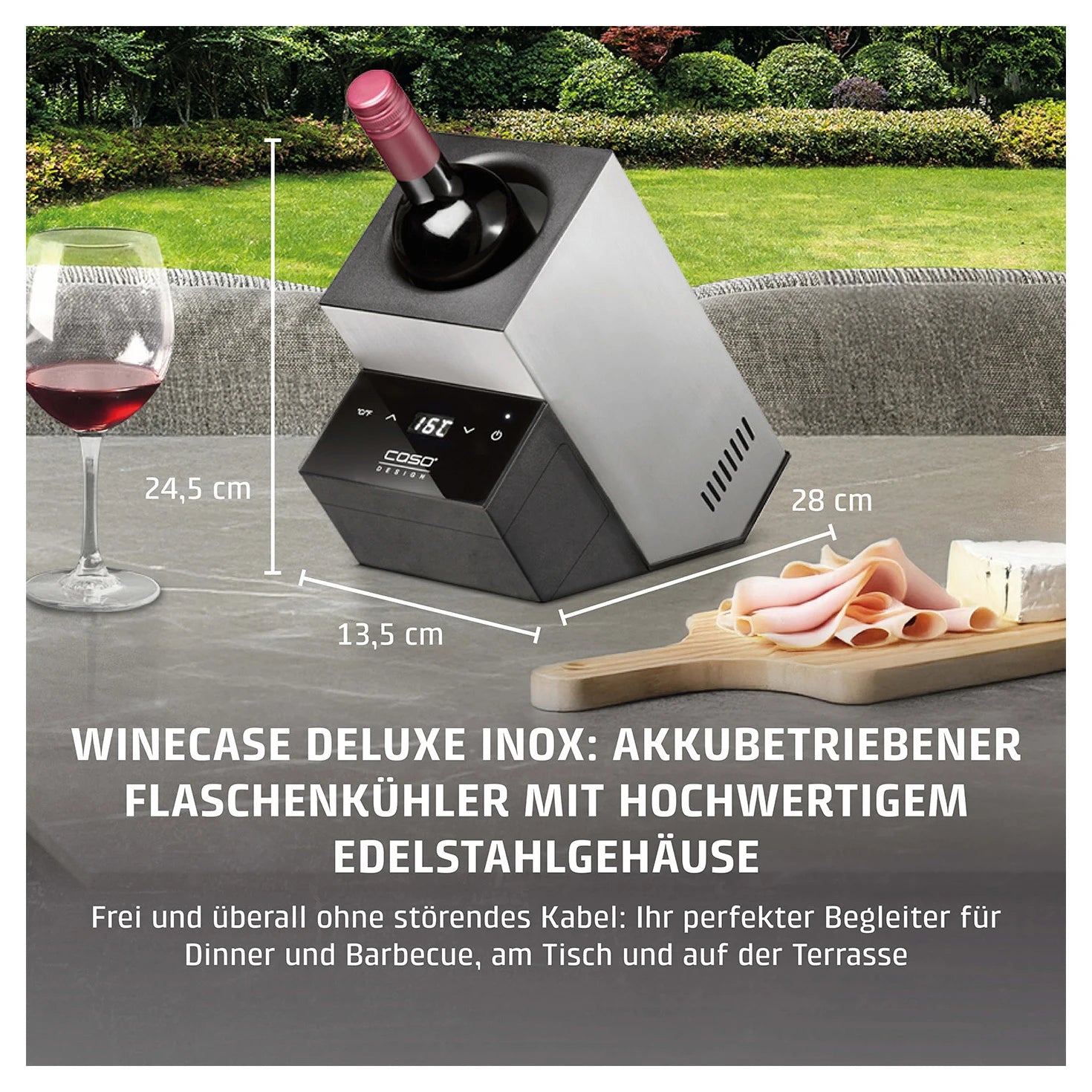 Flaschenkühler CASO Design WineCase Deluxe Inox mit Maßangaben