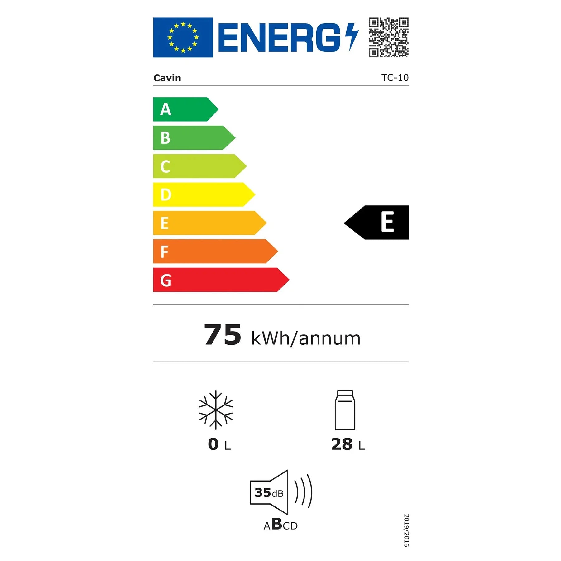 Energielabel freistehender Weinkühlschrank Cavin Tundra Collection 10, Energieeffizienzklasse E