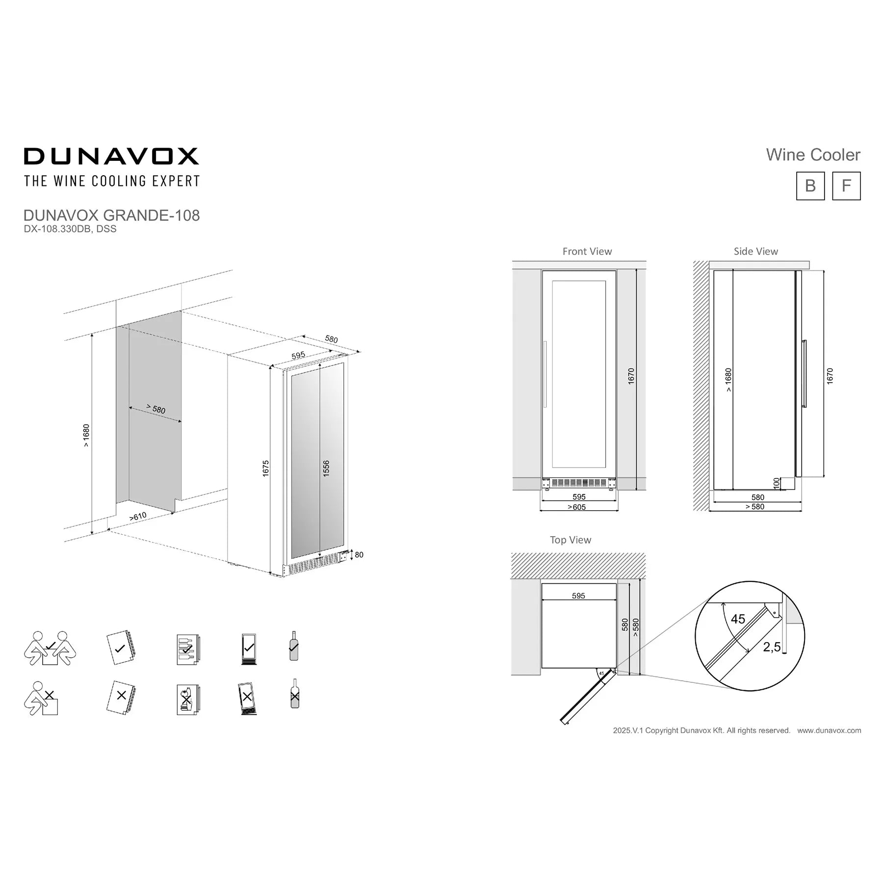 Maßzeichnung des Dunavox Grande-108 mit Vorder- und Seitenansicht sowie Einbaumaßen für Unterbau- oder freistehende Montage